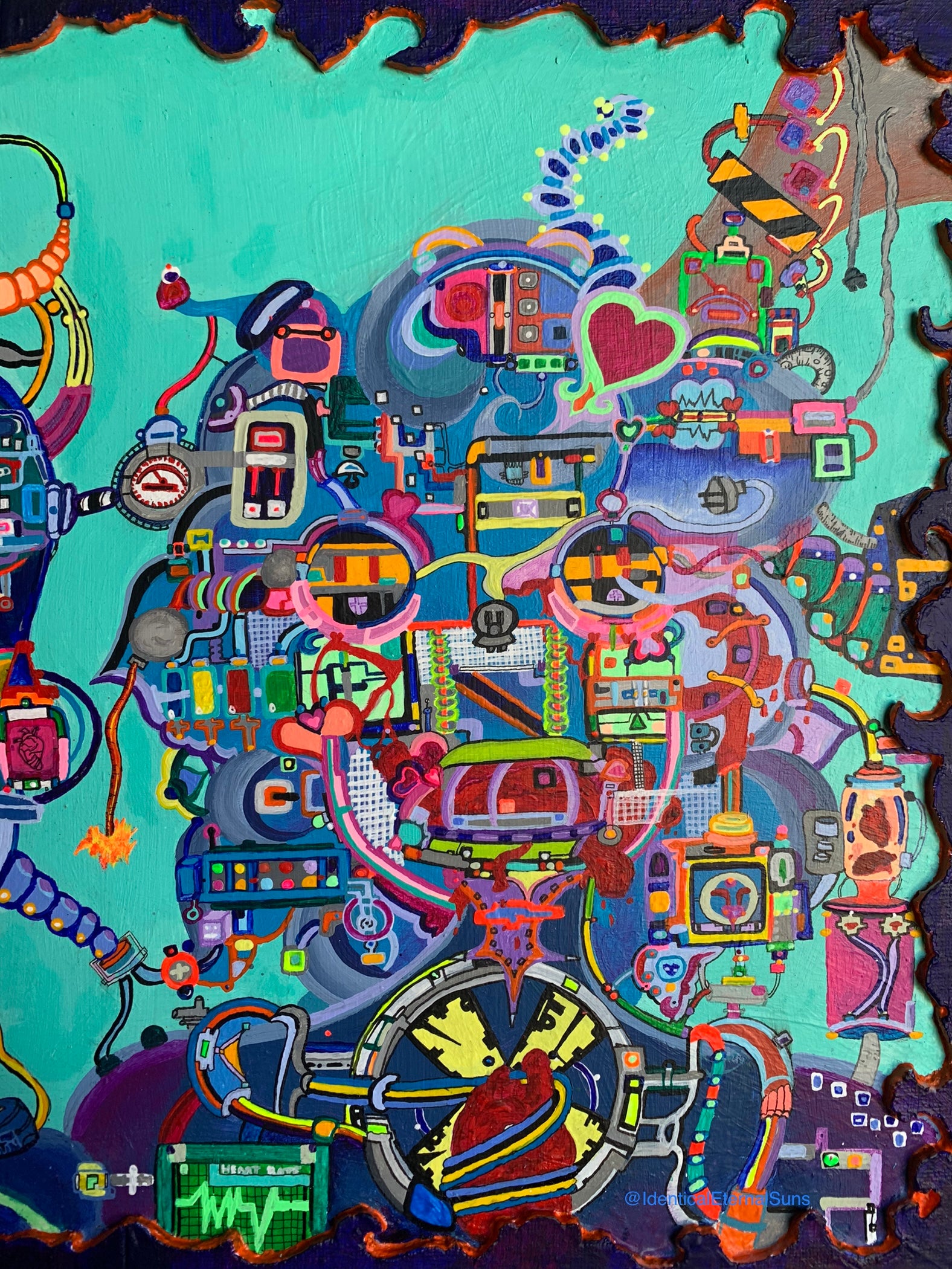 mechanical surreal dreamscape, vibrant colorful surrealist painting, neon-toned emotional artwork, technicolor love bomb art, cosmic color explosion, vivid sci-fi art with heart, dramatic colorful alien painting, alien love in sci-fi fantasy art, space-age emotion on canvas, surreal alien robot lovers, futuristic beings of love, otherworldly love painting, emotional sci-fi character art, surreal extraterrestrial passion, love through chaos artwork, symbolic emotional painting