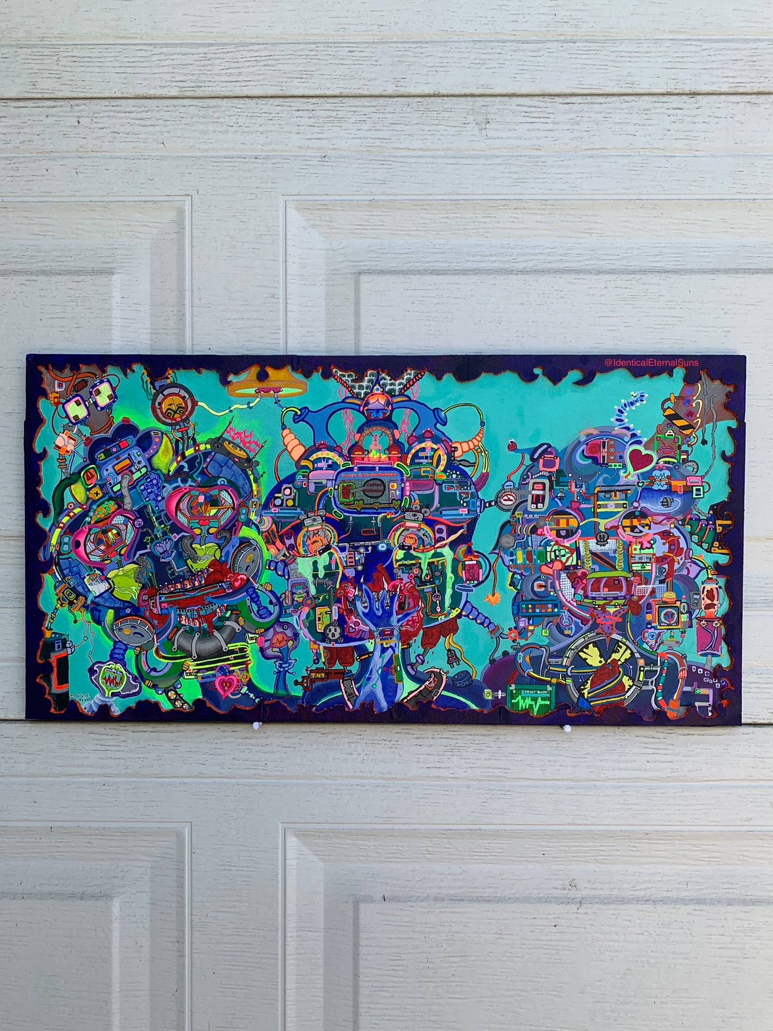 mechanical surreal dreamscape, vibrant colorful surrealist painting, neon-toned emotional artwork, technicolor love bomb art, cosmic color explosion, vivid sci-fi art with heart, dramatic colorful alien painting, alien love in sci-fi fantasy art, space-age emotion on canvas, surreal alien robot lovers, futuristic beings of love, otherworldly love painting, emotional sci-fi character art, surreal extraterrestrial passion, love through chaos artwork, symbolic emotional painting