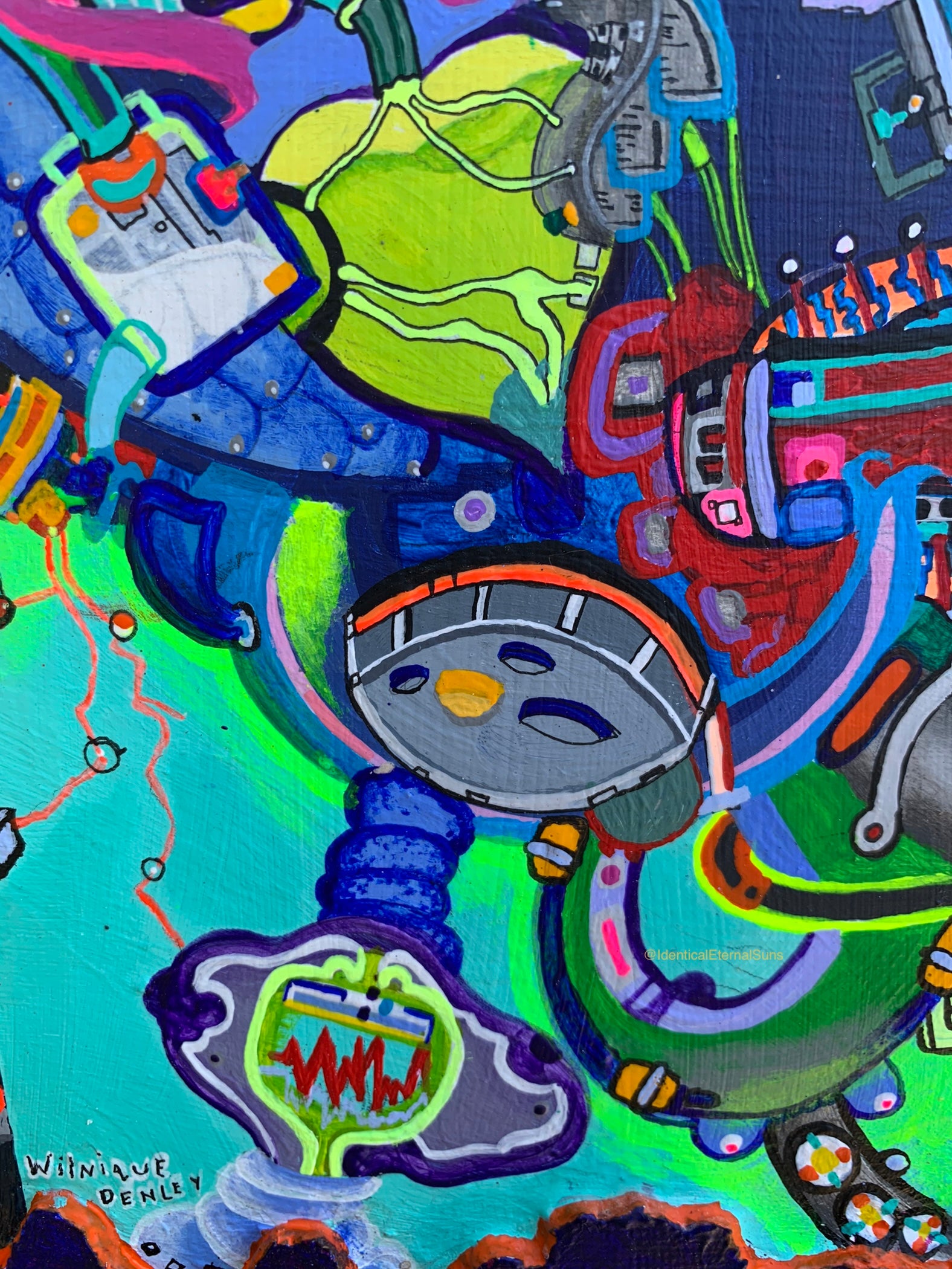 mechanical surreal dreamscape, vibrant colorful surrealist painting, neon-toned emotional artwork, technicolor love bomb art, cosmic color explosion, vivid sci-fi art with heart, dramatic colorful alien painting, alien love in sci-fi fantasy art, space-age emotion on canvas, surreal alien robot lovers, futuristic beings of love, otherworldly love painting, emotional sci-fi character art, surreal extraterrestrial passion, love through chaos artwork, symbolic emotional painting