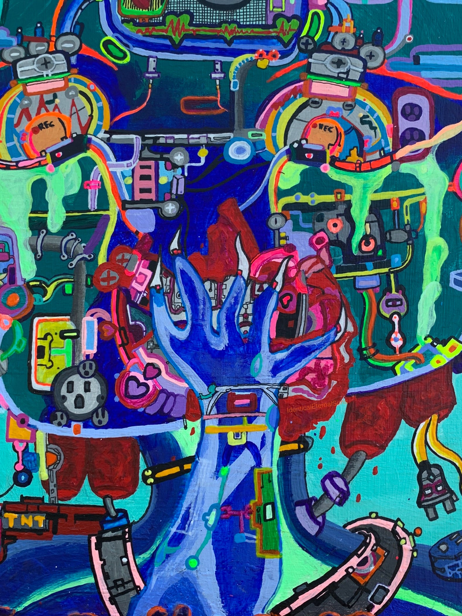 mechanical surreal dreamscape, vibrant colorful surrealist painting, neon-toned emotional artwork, technicolor love bomb art, cosmic color explosion, vivid sci-fi art with heart, dramatic colorful alien painting, alien love in sci-fi fantasy art, space-age emotion on canvas, surreal alien robot lovers, futuristic beings of love, otherworldly love painting, emotional sci-fi character art, surreal extraterrestrial passion, love through chaos artwork, symbolic emotional painting