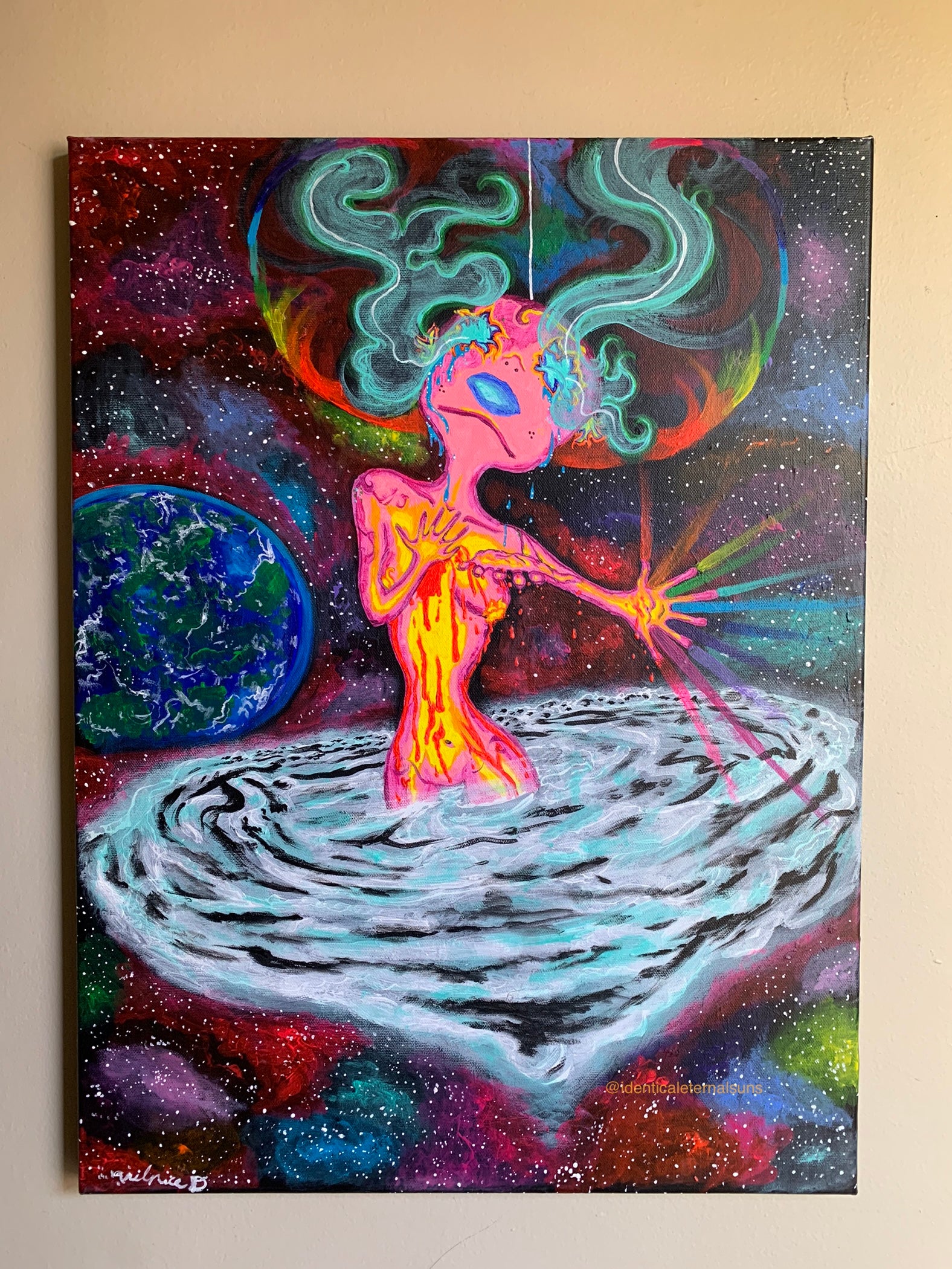 Pink Magenta Diamond Cosmic Femme being who bleeds universal love art painting. Angelic creature art, cosmic diamond alien, magenta cosmic, She causes galaxies to spin, cosmic alien femme painting, Pink alien aesthetic, Divine cosmic feminine quotes, out of this world space alien girl, Identicaleternalsuns, pink trippy alien, Pink Magenta Diamond Cosmic Femme