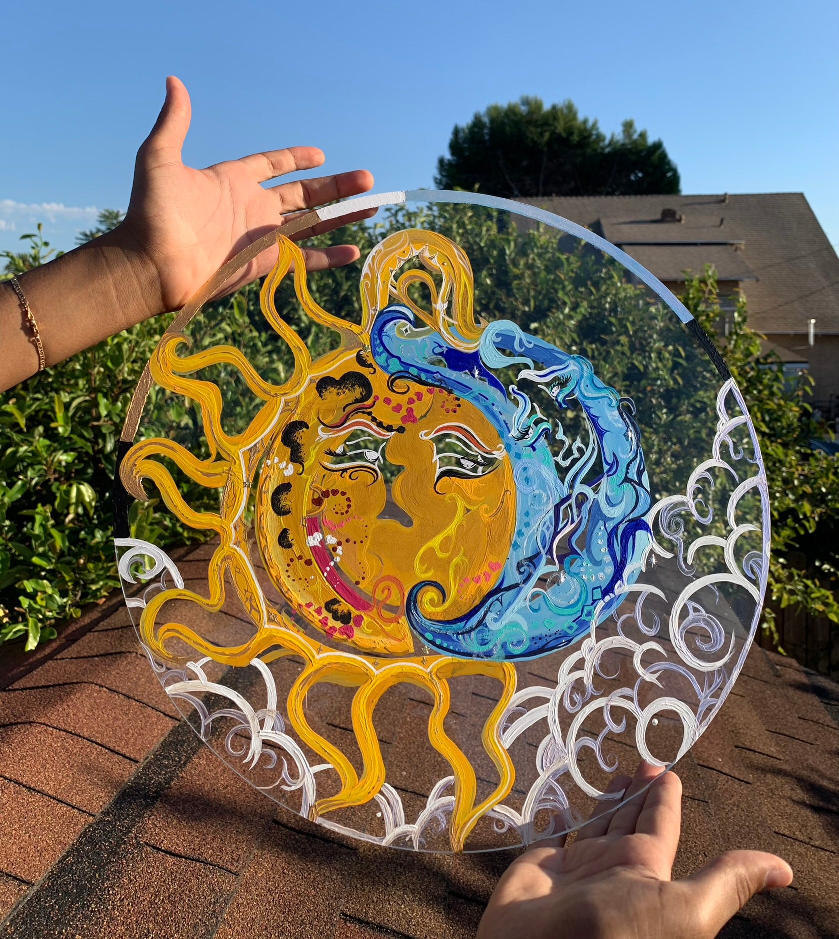 The Sun and Moon Night and Day painting, mixed media painting sun and moon, eclectic nature room decor, avantgarde sun and moon art, night and day painting, clear playful sun and moon art, whimsical sun, sun radiance, sun and moon night and day mixed media, surrealism, ecstatic, Solar activity, Solar system planet art, sun and moon painting aesthetic, sun and moon room decor, witchy decor, unique nature decoration, Identicaleternalsuns