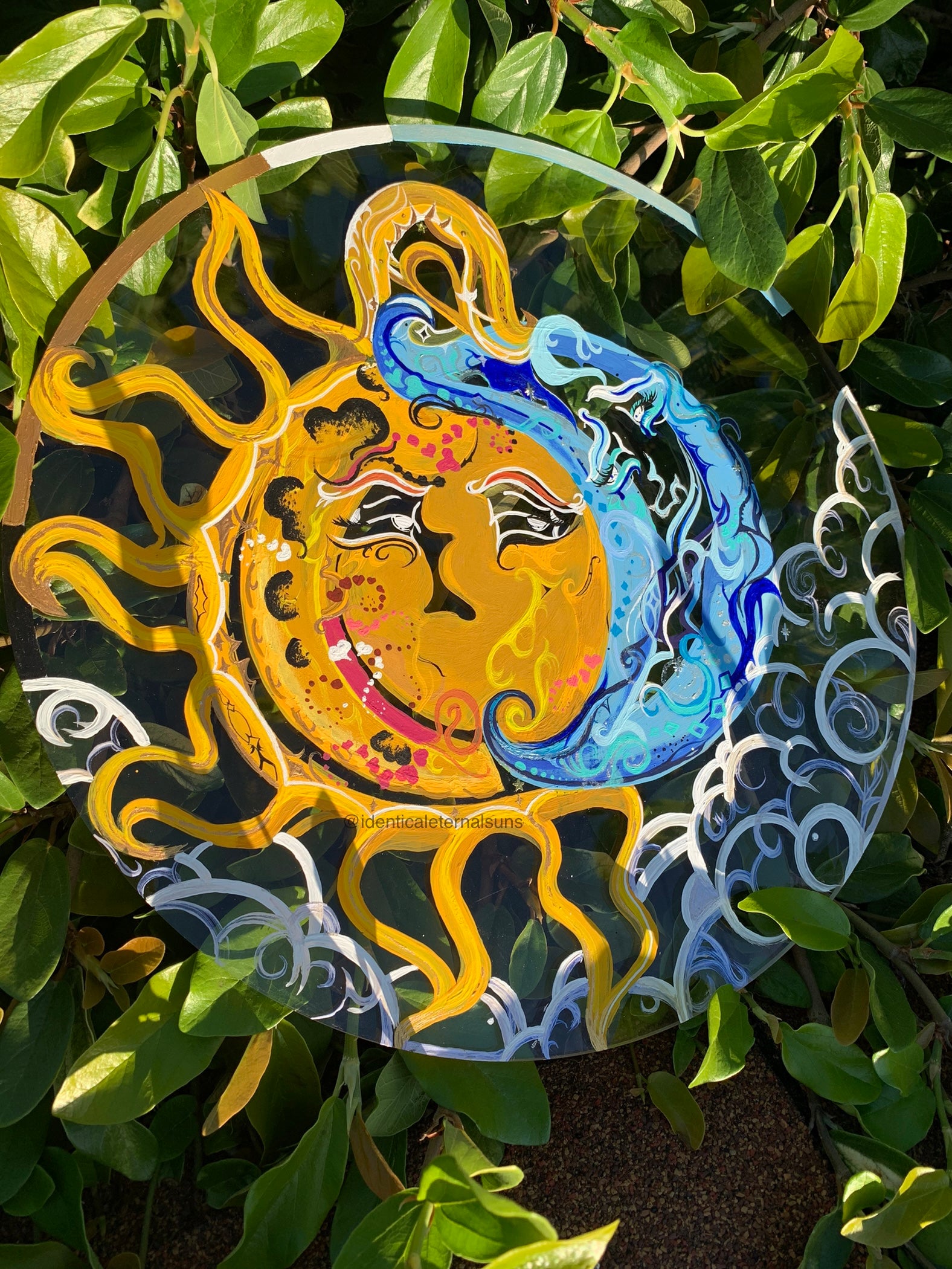 The Sun and Moon Night and Day painting, mixed media painting sun and moon, eclectic nature room decor, avantgarde sun and moon art, night and day painting, clear playful sun and moon art, whimsical sun, sun radiance, sun and moon night and day mixed media, surrealism, ecstatic, Solar activity, Solar system planet art, sun and moon painting aesthetic, sun and moon room decor, witchy decor, unique nature decoration, Identicaleternalsuns