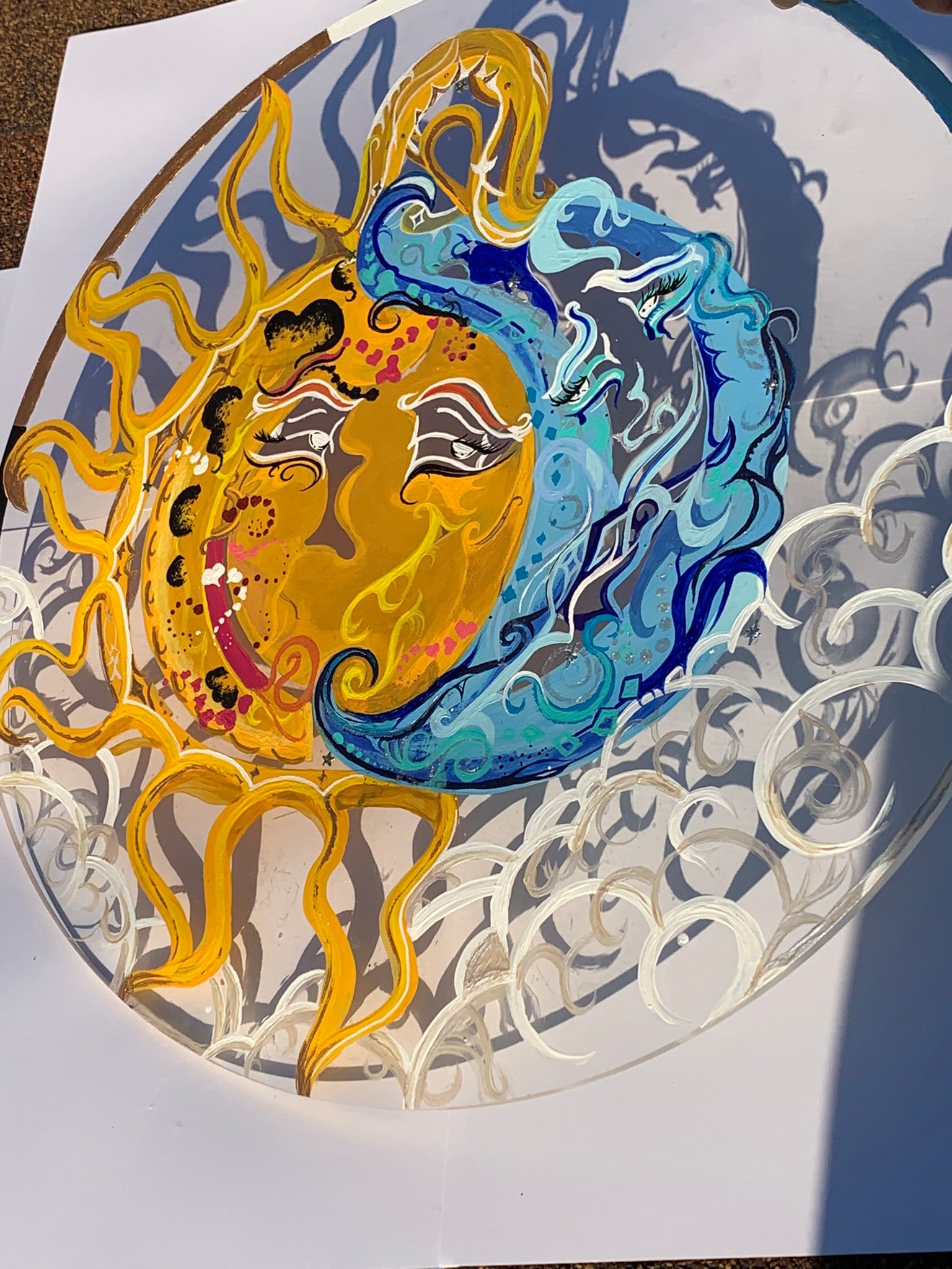The Sun and Moon Night and Day painting, mixed media painting sun and moon, eclectic nature room decor, avantgarde sun and moon art, night and day painting, clear playful sun and moon art, whimsical sun, sun radiance, sun and moon night and day mixed media, surrealism, ecstatic, Solar activity, Solar system planet art, sun and moon painting aesthetic, sun and moon room decor, witchy decor, unique nature decoration, Identicaleternalsuns