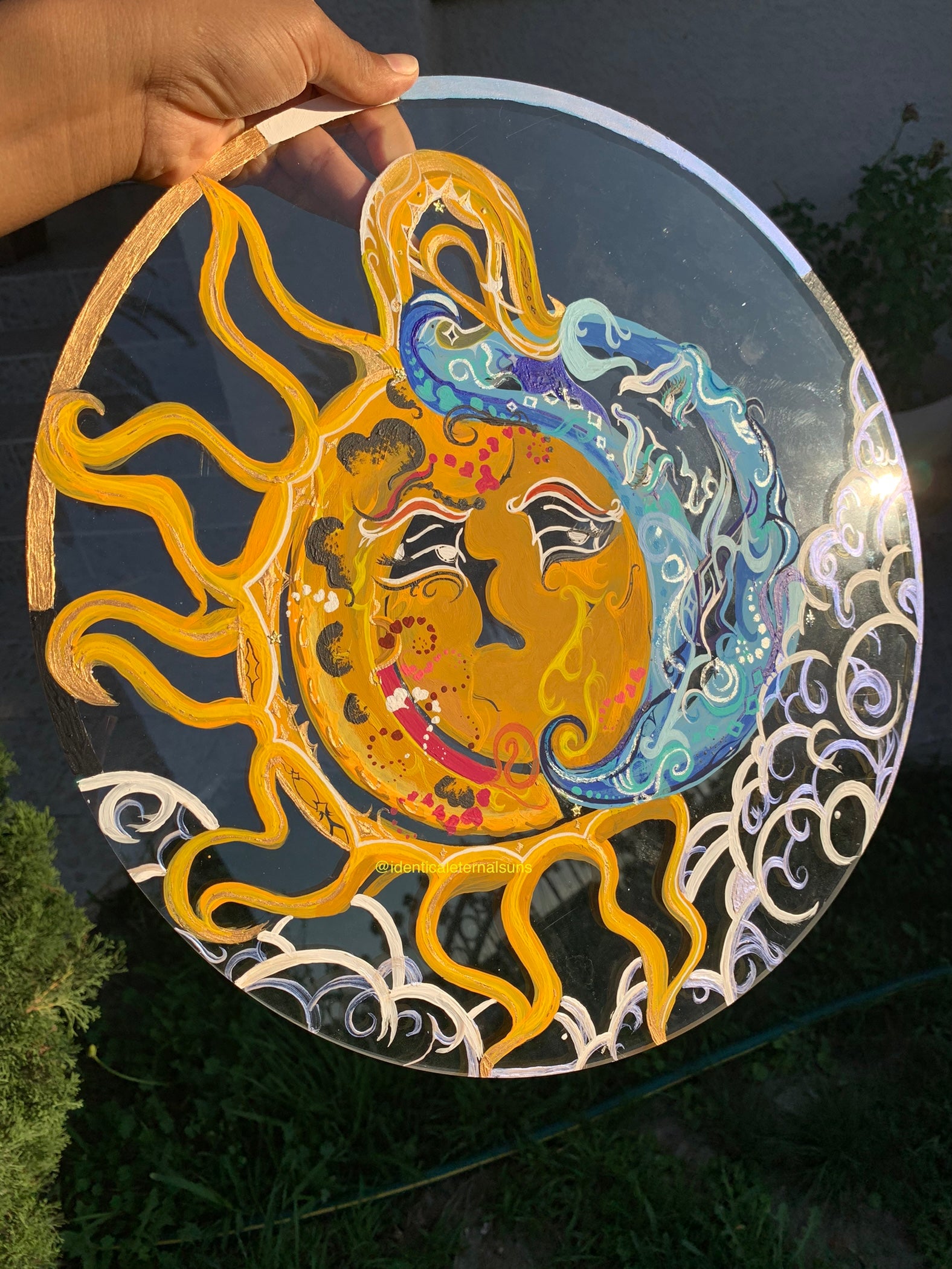 The Sun and Moon Night and Day painting, mixed media painting sun and moon, eclectic nature room decor, avantgarde sun and moon art, night and day painting, clear playful sun and moon art, whimsical sun, sun radiance, sun and moon night and day mixed media, surrealism, ecstatic, Solar activity, Solar system planet art, sun and moon painting aesthetic, sun and moon room decor, witchy decor, unique nature decoration, Identicaleternalsuns