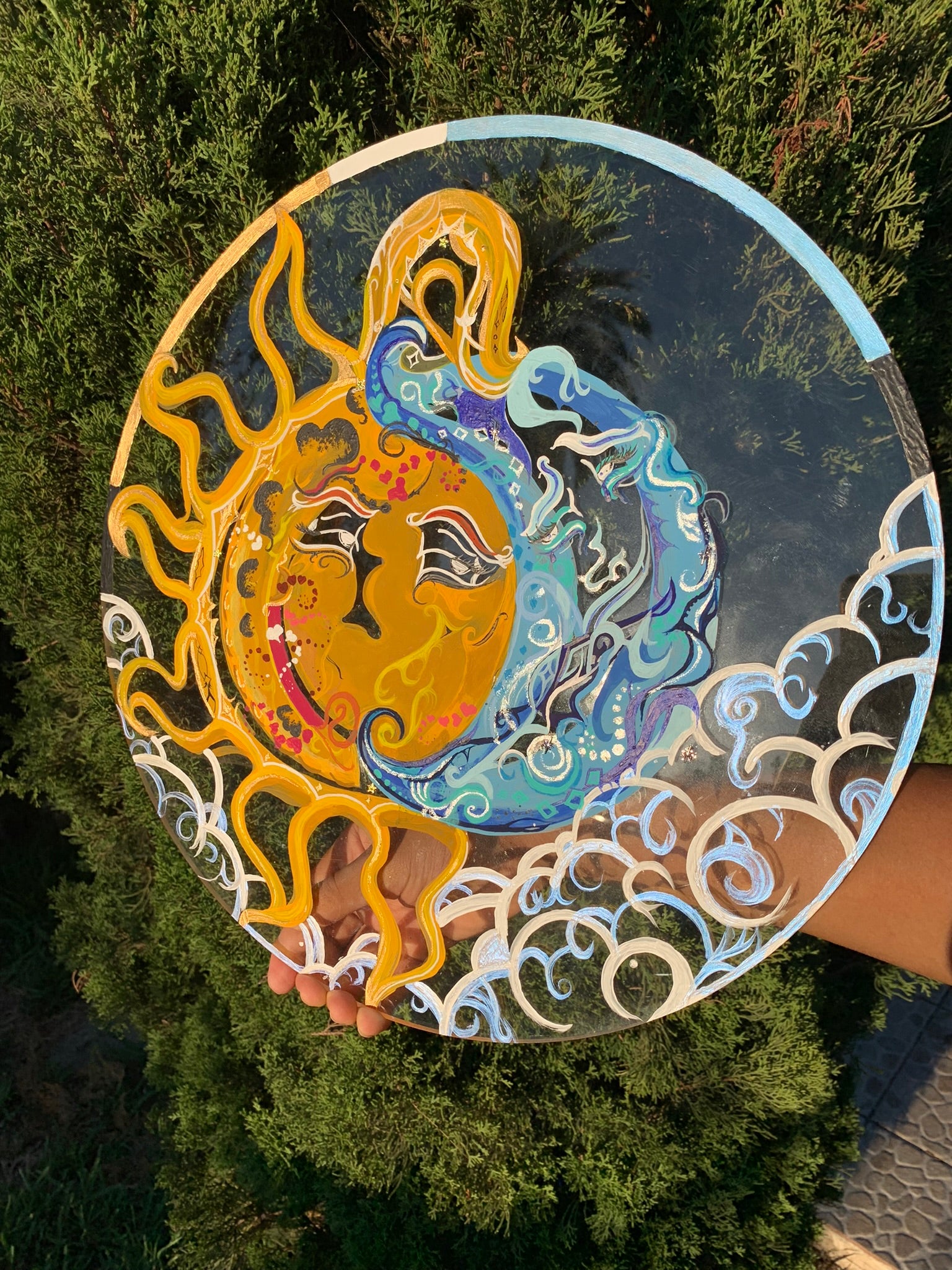 The Sun and Moon Night and Day painting, mixed media painting sun and moon, eclectic nature room decor, avantgarde sun and moon art, night and day painting, clear playful sun and moon art, whimsical sun, sun radiance, sun and moon night and day mixed media, surrealism, ecstatic, Solar activity, Solar system planet art, sun and moon painting aesthetic, sun and moon room decor, witchy decor, unique nature decoration, Identicaleternalsuns