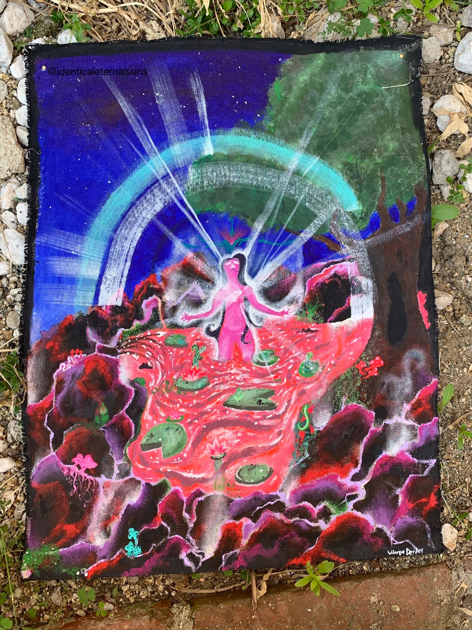 This artwork showcases pure spiritual passion to be fully consumed by the eternal light that lives within our hearts, As her heart surrenders to her inner divinity, she becomes resurrected, Lily pad nature artwork, Nature fairy acrylic fabric original painting, Divine Feminine wall art, spiritual scroll art, Woman surrenders to the inner light within her heart Original Artwork, Sacred art, Spiritual awakening art, Enlightenment art, divine feminine scroll artwork, IdenticalEternalsuns
