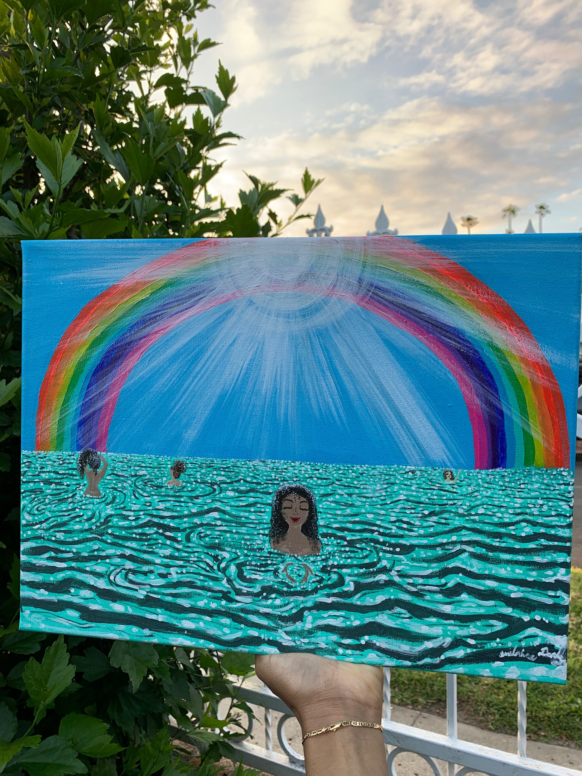 Paradise in the Sweet Life Original artwork, The divine feminine enjoy the sweet good life of being present in the moment. Rainbow beachy girl art, Girls at the Ocean art, Women by the Sea originals, Women of color by the sea, WOC artwork, Sisterhood Ocean Paradise original art painting, IdenticalEternalsuns, Paradise in the sweet life