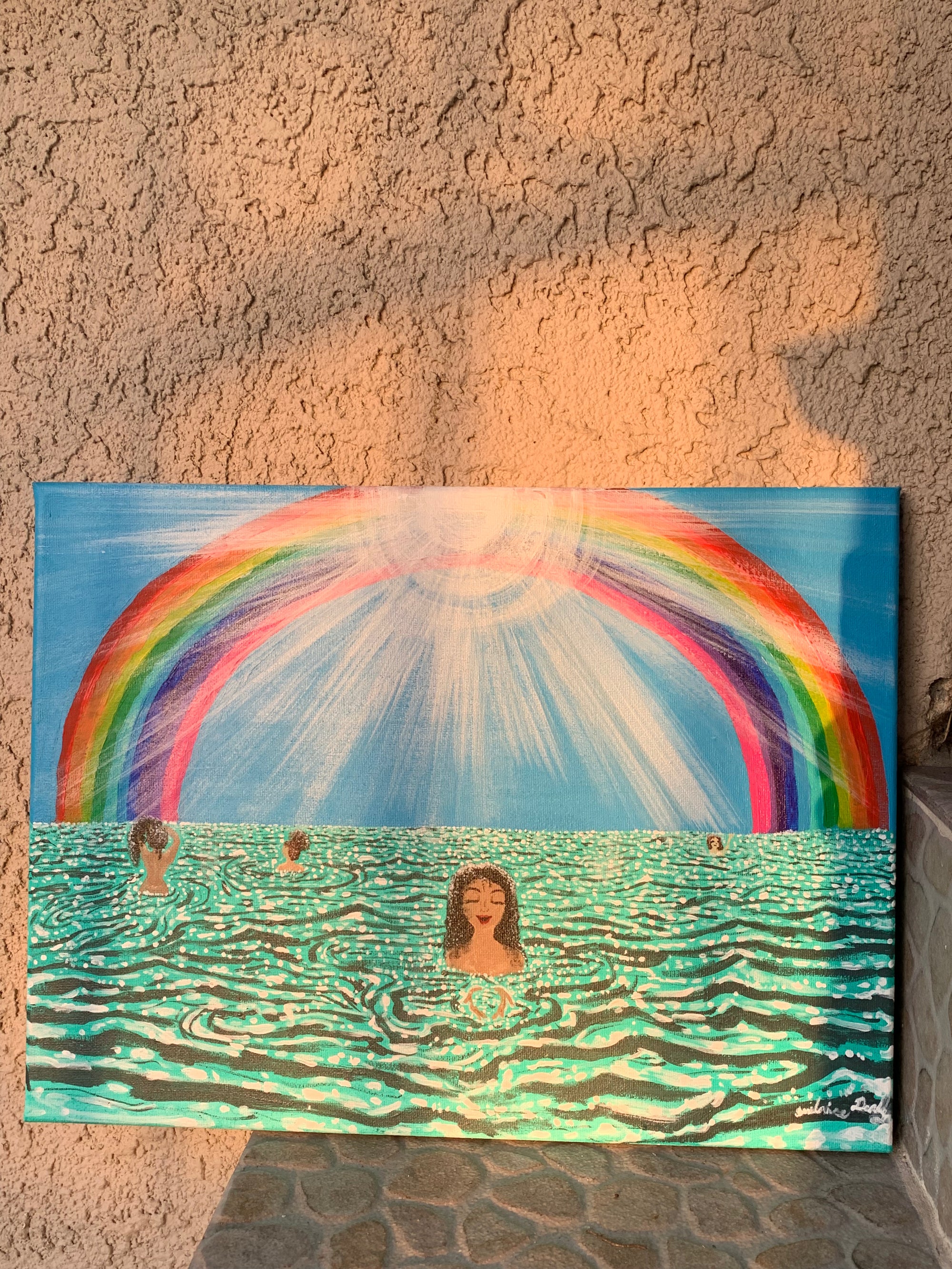 Paradise in the Sweet Life Original artwork, The divine feminine enjoy the sweet good life of being present in the moment. Rainbow beachy girl art, Girls at the Ocean art, Women by the Sea originals, Women of color by the sea, WOC artwork, Sisterhood Ocean Paradise original art painting, IdenticalEternalsuns, Paradise in the sweet life