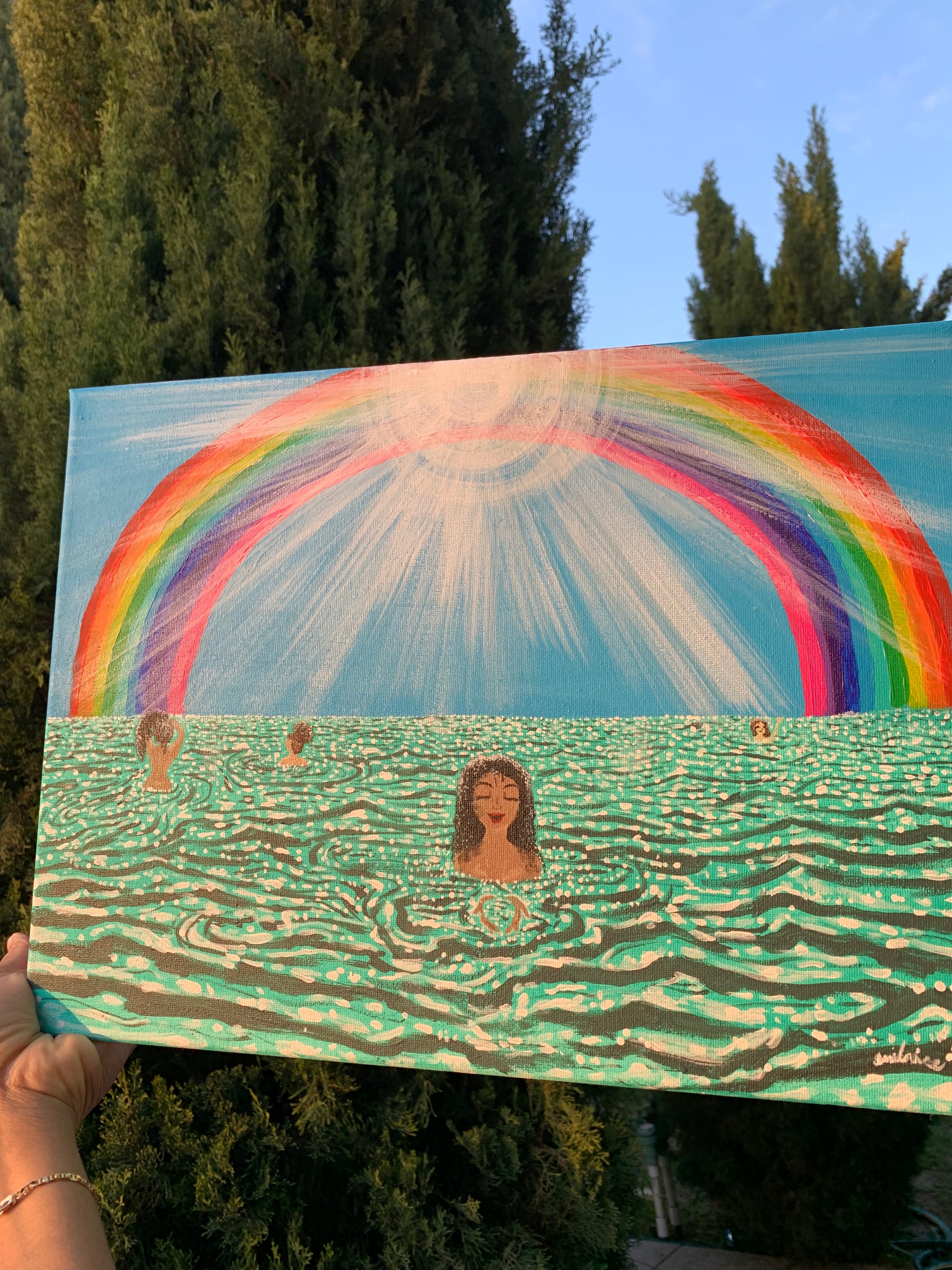 Paradise in the Sweet Life Original artwork, The divine feminine enjoy the sweet good life of being present in the moment. Rainbow beachy girl art, Girls at the Ocean art, Women by the Sea originals, Women of color by the sea, WOC artwork, Sisterhood Ocean Paradise original art painting, IdenticalEternalsuns, Paradise in the sweet life