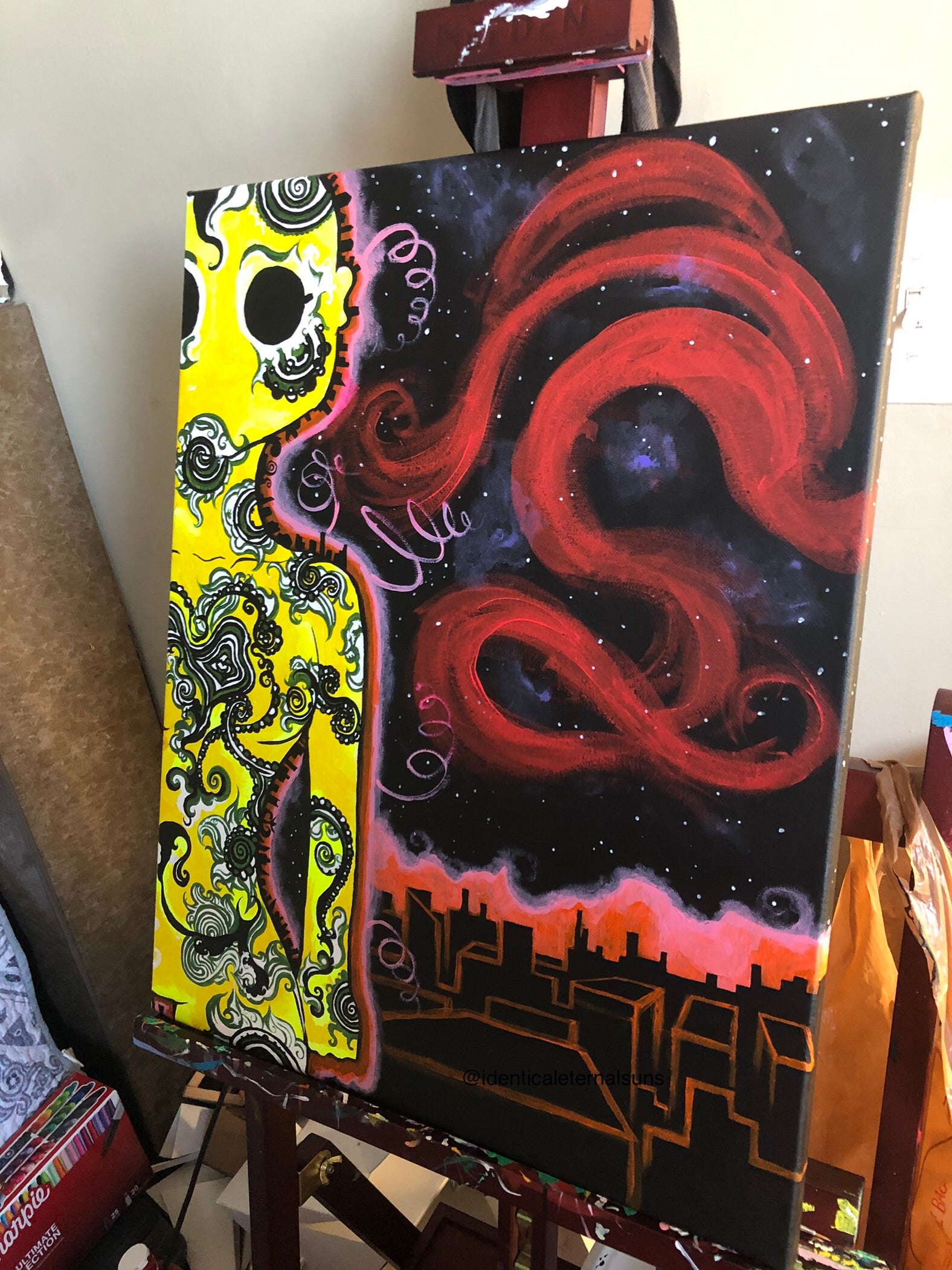 ET artwork, alien rustic scifi art, Apocalyptic aesthetic art, abandoned world, ET alien art, UFO art, galactic alien, empty city, Sci-Fi Core, Alien aesthetic, Yellow trippy Alien Outerspace room decor, alien room decor, Scifi fans, Galactic space alien, IdenticalEternalSuns