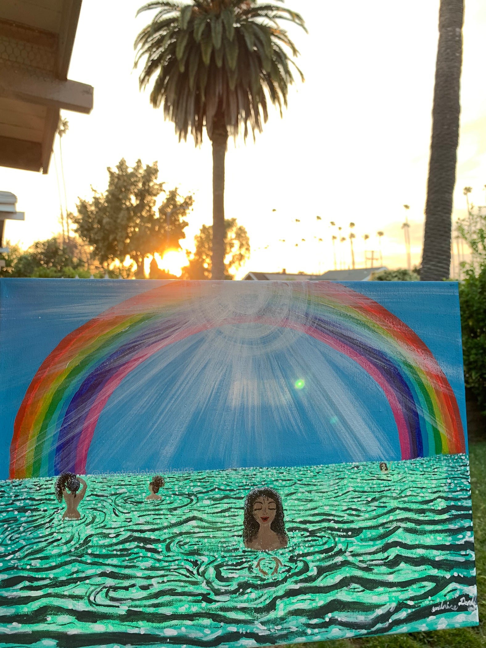Paradise in the Sweet Life Original artwork, The divine feminine enjoy the sweet good life of being present in the moment. Rainbow beachy girl art, Girls at the Ocean art, Women by the Sea originals, Women of color by the sea, WOC artwork, Sisterhood Ocean Paradise original art painting, IdenticalEternalsuns, Paradise in the sweet life