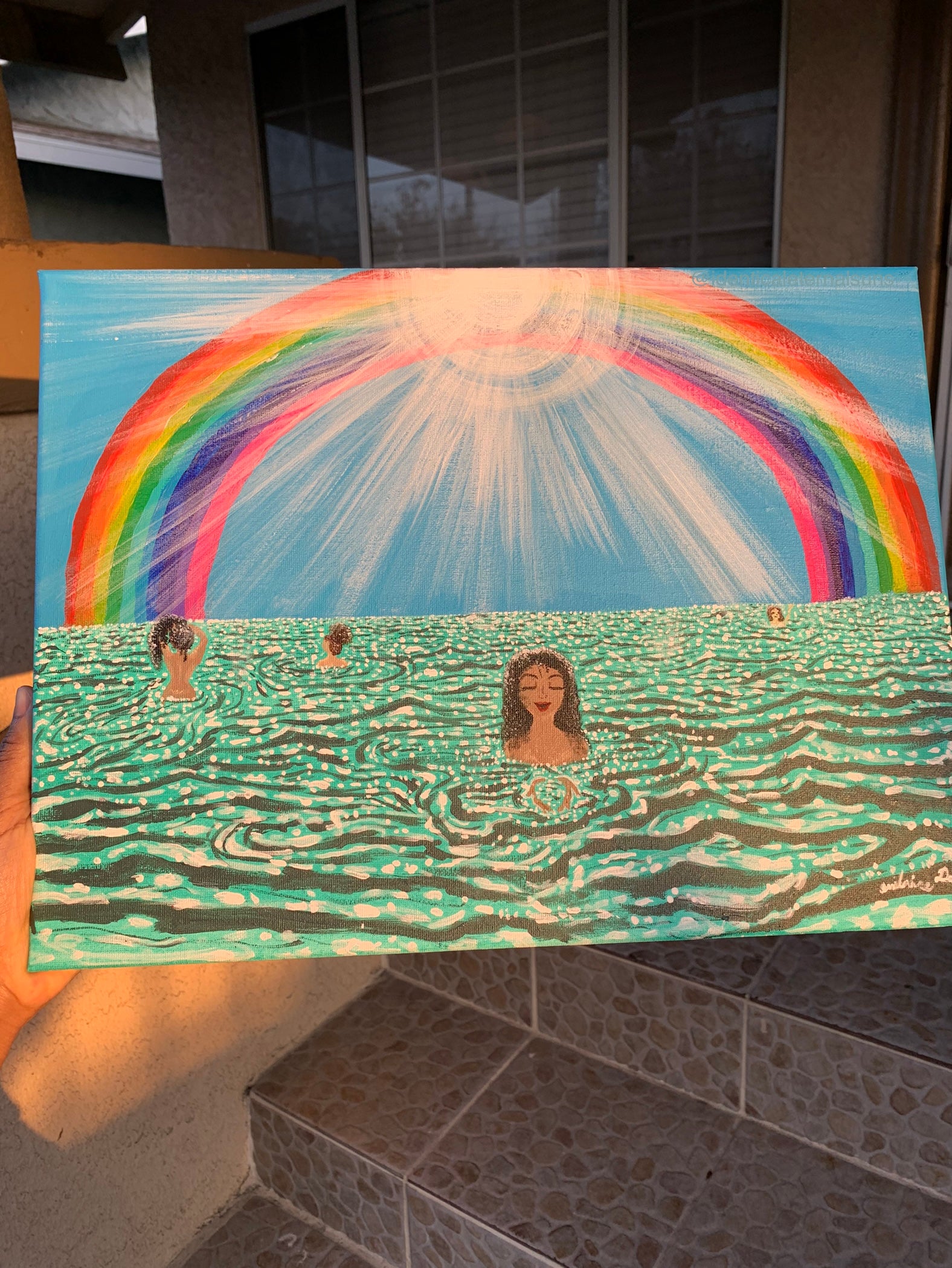 Paradise in the Sweet Life Original artwork, The divine feminine enjoy the sweet good life of being present in the moment. Rainbow beachy girl art, Girls at the Ocean art, Women by the Sea originals, Women of color by the sea, WOC artwork, Sisterhood Ocean Paradise original art painting, IdenticalEternalsuns, Paradise in the sweet life