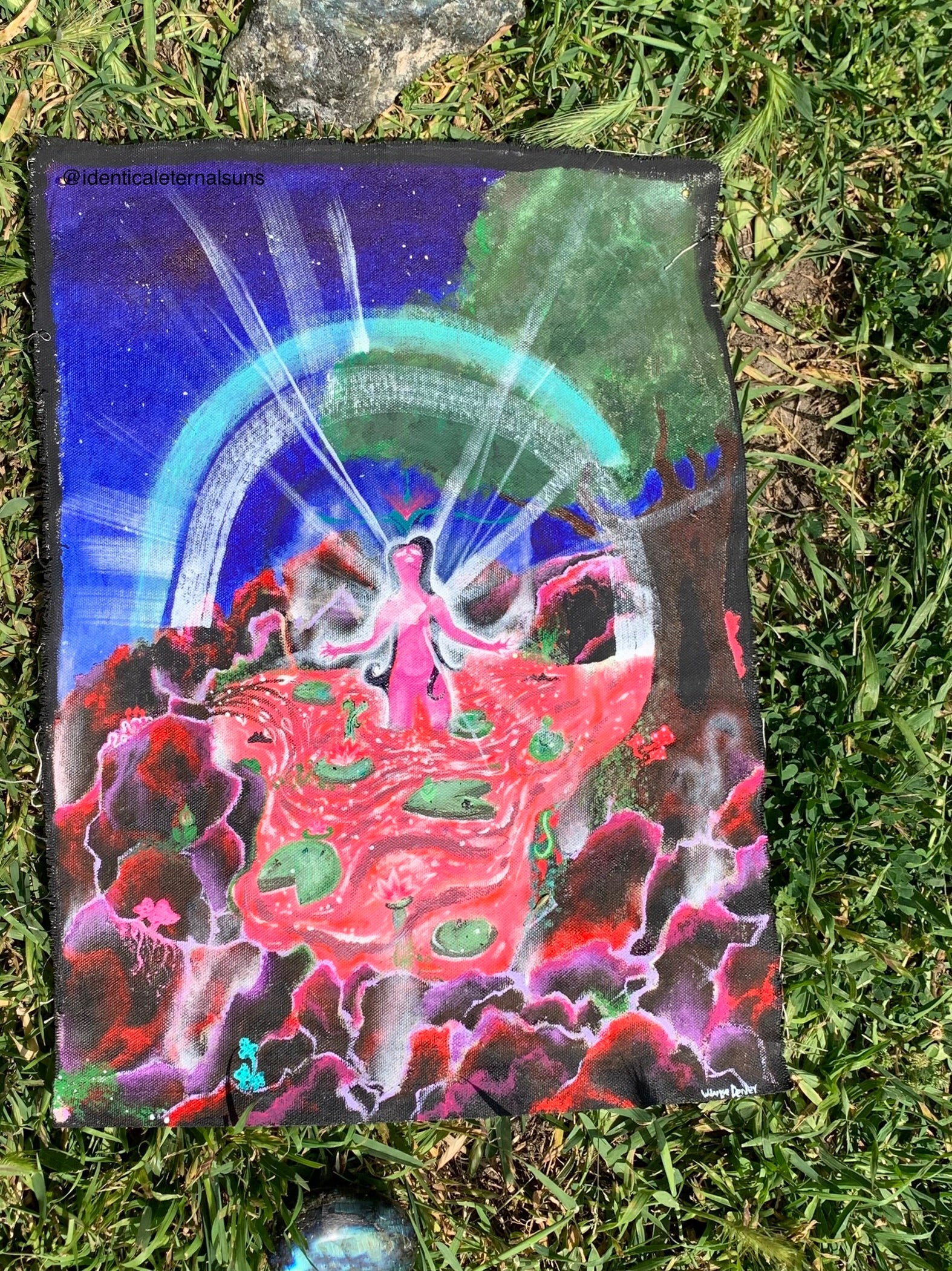 This artwork showcases pure spiritual passion to be fully consumed by the eternal light that lives within our hearts, As her heart surrenders to her inner divinity, she becomes resurrected, Lily pad nature artwork, Nature fairy acrylic fabric original painting, Divine Feminine wall art, spiritual scroll art, Woman surrenders to the inner light within her heart Original Artwork, Sacred art, Spiritual awakening art, Enlightenment art, divine feminine scroll artwork, IdenticalEternalsuns