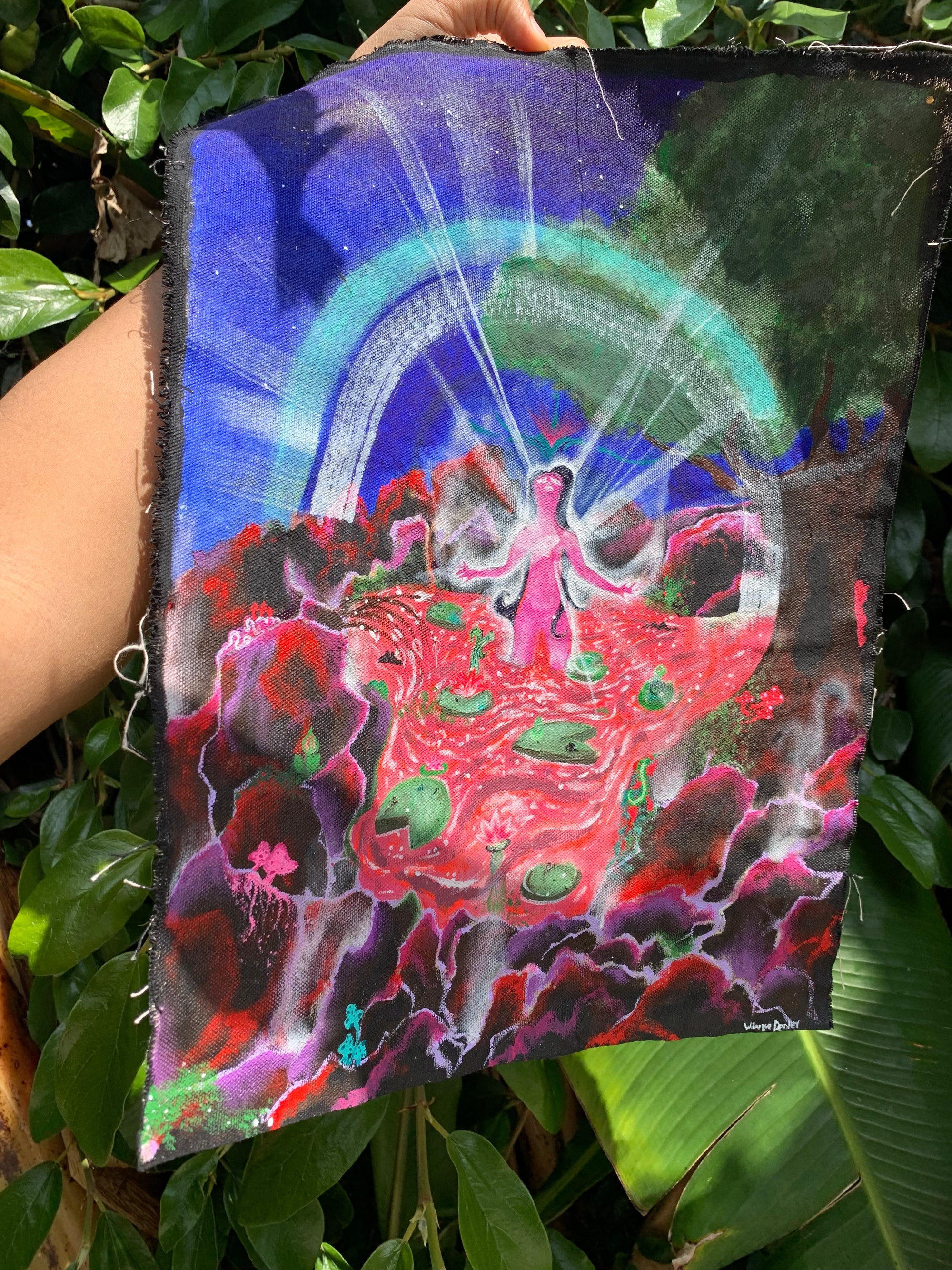 This artwork showcases pure spiritual passion to be fully consumed by the eternal light that lives within our hearts, As her heart surrenders to her inner divinity, she becomes resurrected, Lily pad nature artwork, Nature fairy acrylic fabric original painting, Divine Feminine wall art, spiritual scroll art, Woman surrenders to the inner light within her heart Original Artwork, Sacred art, Spiritual awakening art, Enlightenment art, divine feminine scroll artwork, IdenticalEternalsuns