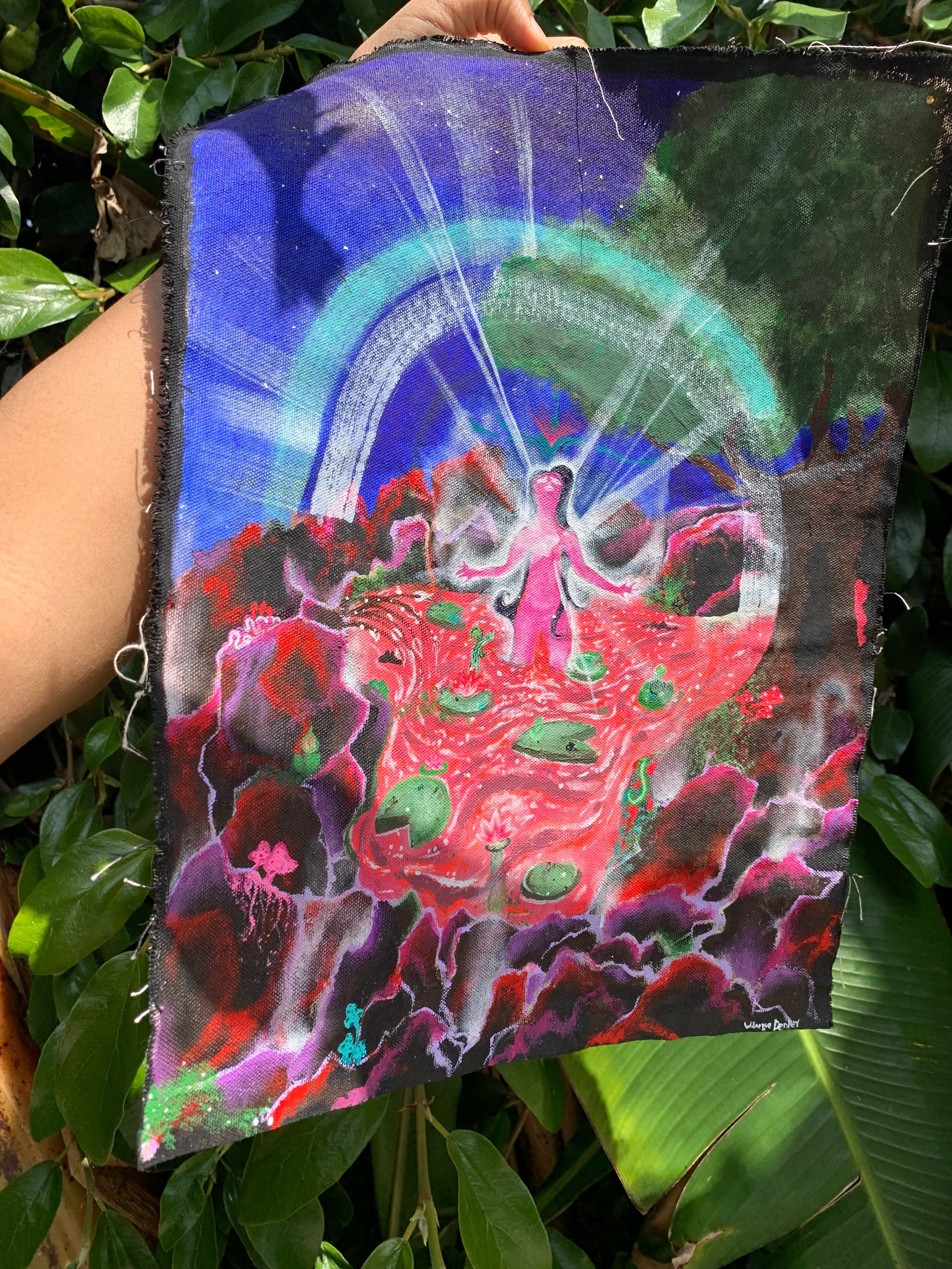 This artwork showcases pure spiritual passion to be fully consumed by the eternal light that lives within our hearts, As her heart surrenders to her inner divinity, she becomes resurrected, Lily pad nature artwork, Nature fairy acrylic fabric original painting, Divine Feminine wall art, spiritual scroll art, Woman surrenders to the inner light within her heart Original Artwork, Sacred art, Spiritual awakening art, Enlightenment art, divine feminine scroll artwork, IdenticalEternalsuns