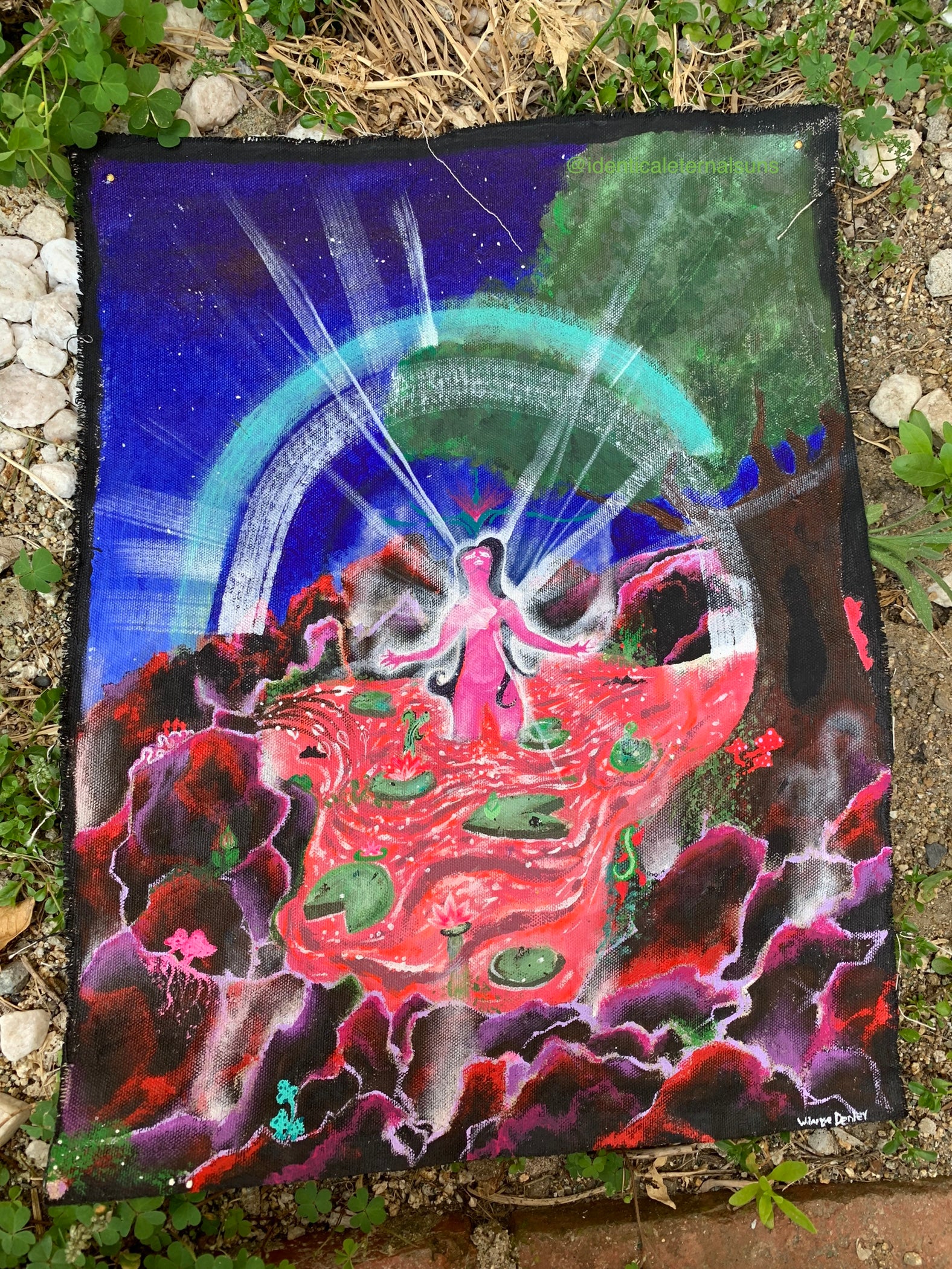 This artwork showcases pure spiritual passion to be fully consumed by the eternal light that lives within our hearts, As her heart surrenders to her inner divinity, she becomes resurrected, Lily pad nature artwork, Nature fairy acrylic fabric original painting, Divine Feminine wall art, spiritual scroll art, Woman surrenders to the inner light within her heart Original Artwork, Sacred art, Spiritual awakening art, Enlightenment art, divine feminine scroll artwork, IdenticalEternalsuns