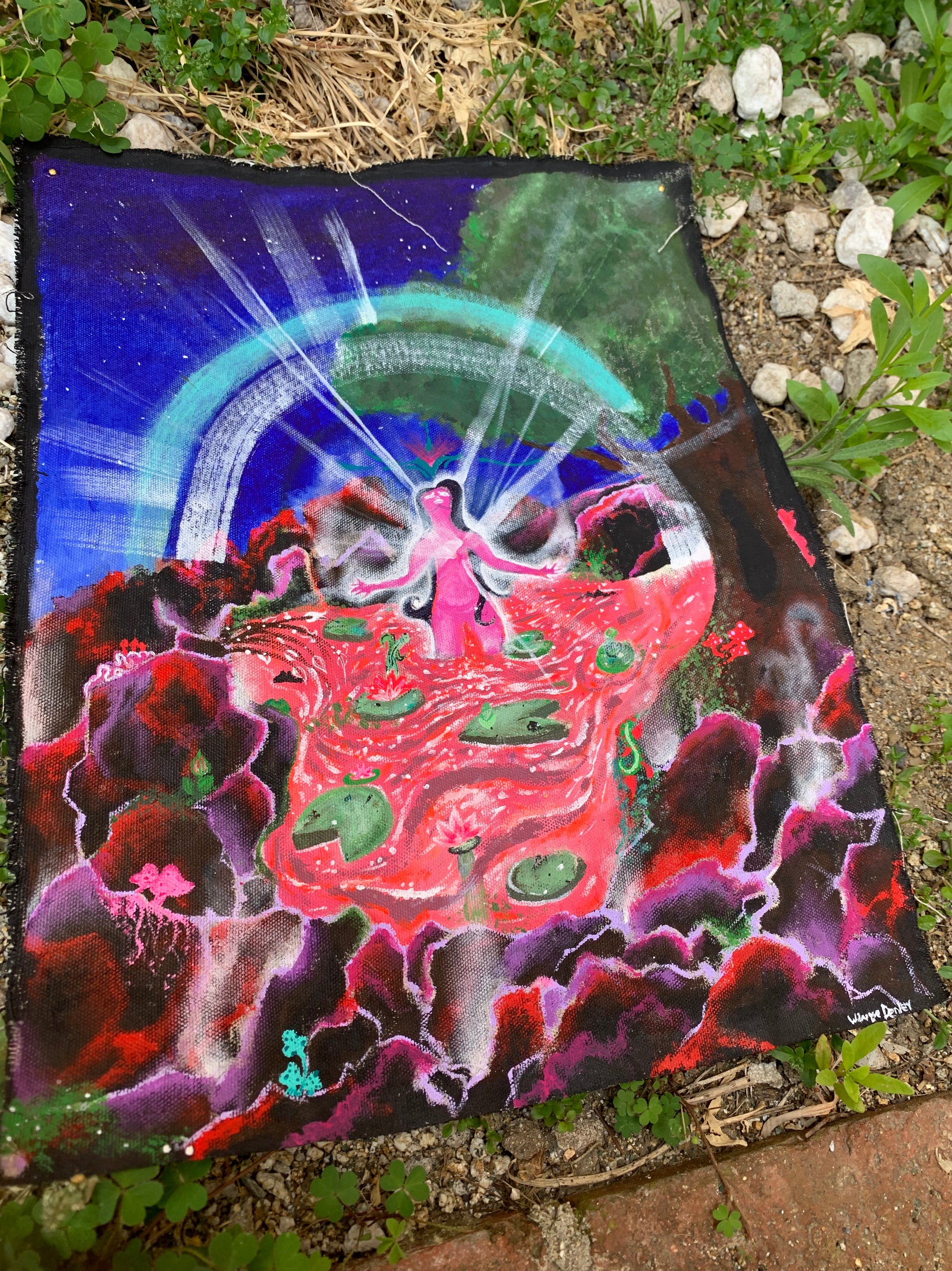 This artwork showcases pure spiritual passion to be fully consumed by the eternal light that lives within our hearts, As her heart surrenders to her inner divinity, she becomes resurrected, Lily pad nature artwork, Nature fairy acrylic fabric original painting, Divine Feminine wall art, spiritual scroll art, Woman surrenders to the inner light within her heart Original Artwork, Sacred art, Spiritual awakening art, Enlightenment art, divine feminine scroll artwork, IdenticalEternalsuns