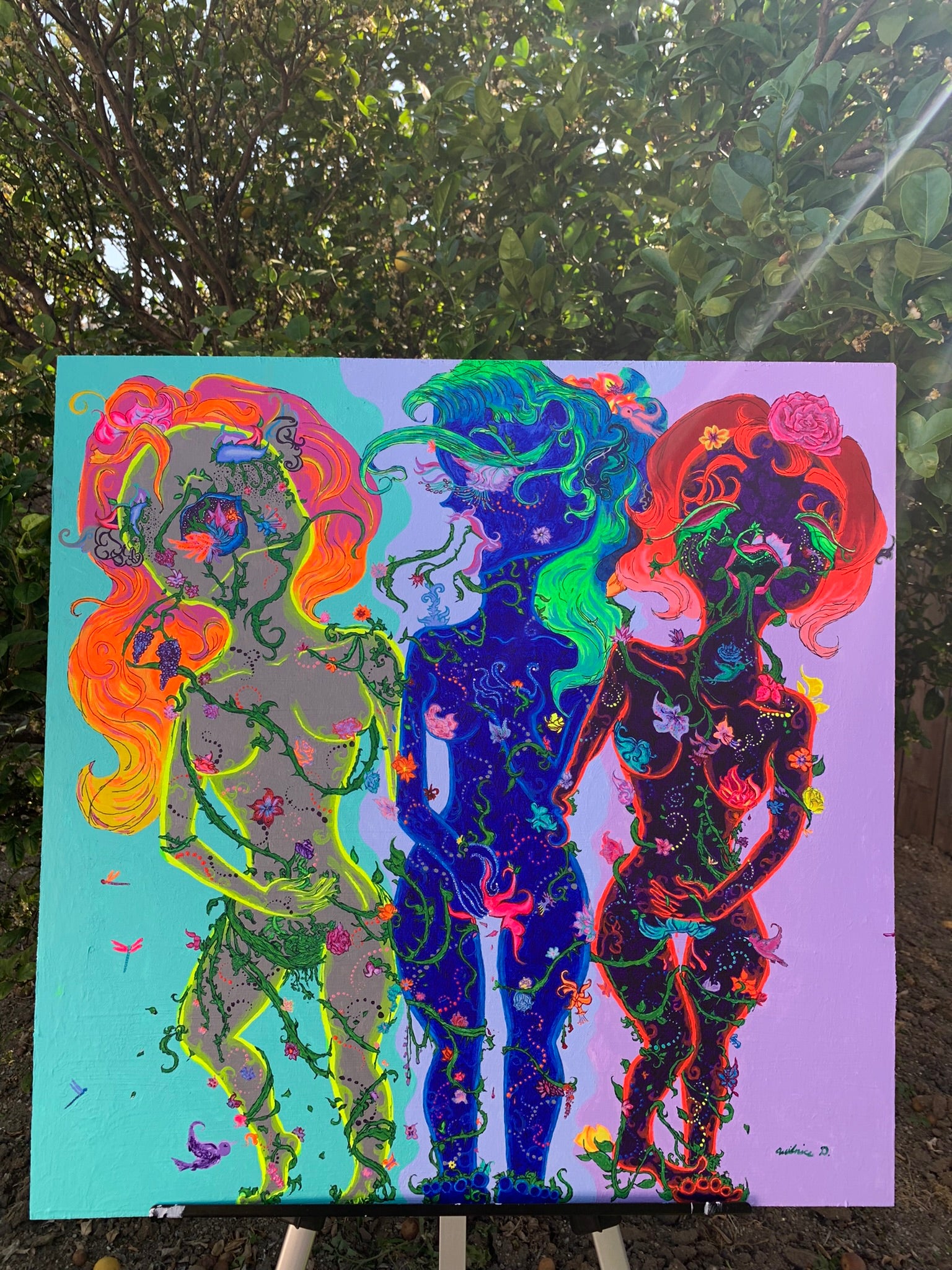 Flower creature art, Flower sister painting, Flower sister art, Flower girl Neon painting, Primary color art, Feminine creature painting, Colorful women nature painting, Conjoined sisters painting, Conjoined sisters art, Petalestia sisters, Floral giant petalestia sisters, Giant floral sisters, Giant flower sisters art, trippy Neon art, Sisterhood artwork, ideticaleternalsuns