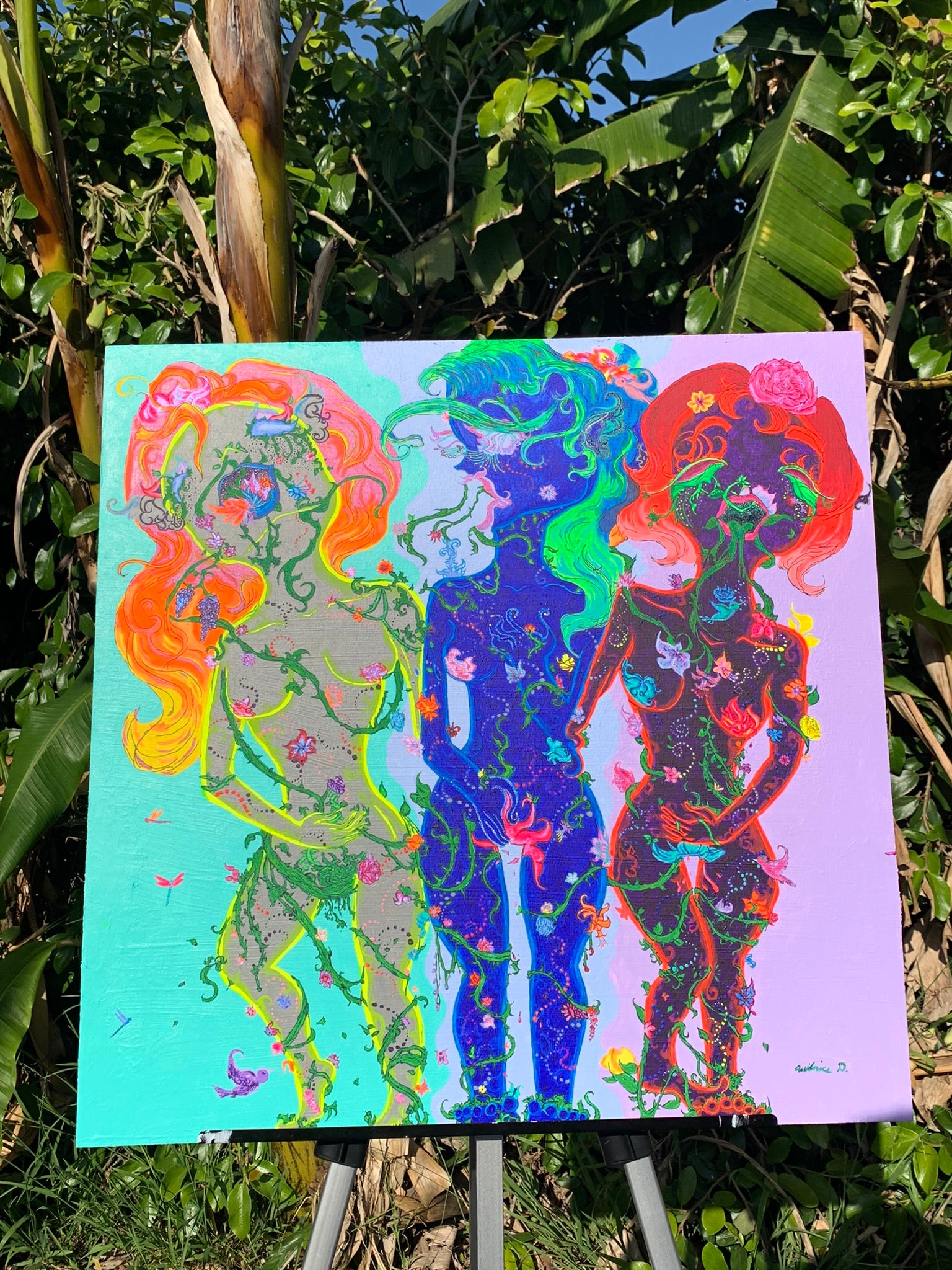 Sisterhood painting, Conjoined triplets painting, Three conjoined creatures, Three conjoined sisters painting, Three conjoined women painting, Three conjoined women art, Divine feminine painting, Female sexuality art, The three conjoined floral flower giant petalestia sisters Identicaleternalsuns, Art collector