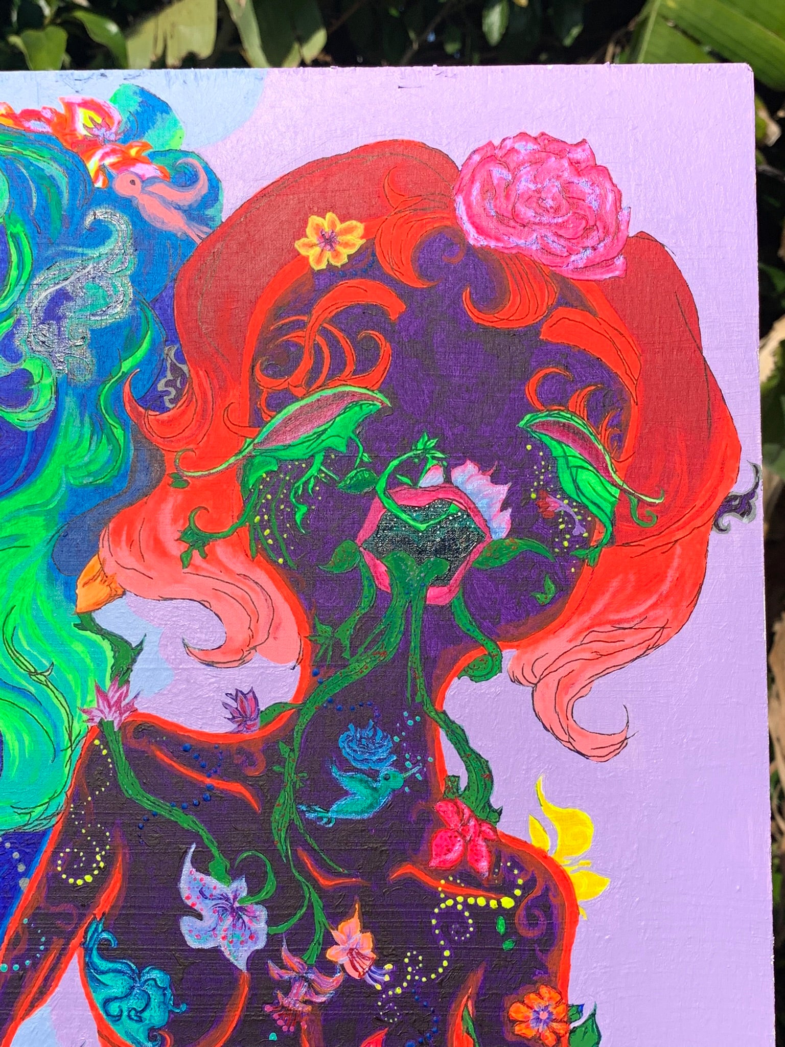 Flower creature art, Flower sister painting, Flower sister art, Flower girl Neon painting, Primary color art, Feminine creature painting, Colorful women nature painting, Conjoined sisters painting, Conjoined sisters art, Petalestia sisters, Floral giant petalestia sisters, Giant floral sisters, Giant flower sisters art, trippy Neon art, Sisterhood artwork, identicaleternalsuns