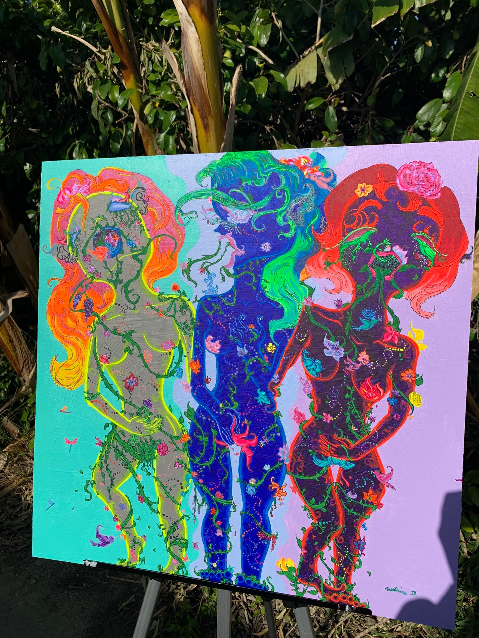 Flower creature art, Flower sister painting, Flower sister art, Flower girl Neon painting, Primary color art, Feminine creature painting, Colorful women nature painting, Conjoined sisters painting, Conjoined sisters art, Petalestia sisters, Floral giant petalestia sisters, Giant floral sisters, Giant flower sisters art, trippy Neon art, Sisterhood artwork, identicaleternalsuns Sisterhood painting, Conjoined triplets painting, Three conjoined creatures