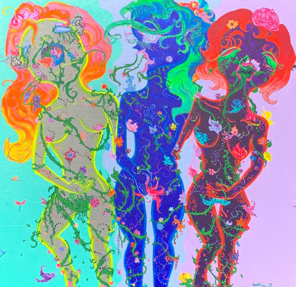 Sisterhood painting, Conjoined triplets painting, Three conjoined creatures, Three conjoined sisters painting, Three conjoined women painting, Three conjoined women art, Divine feminine painting, Female sexuality art, The three conjoined floral flower giant petalestia sisters Identicaleternalsuns, Art collector