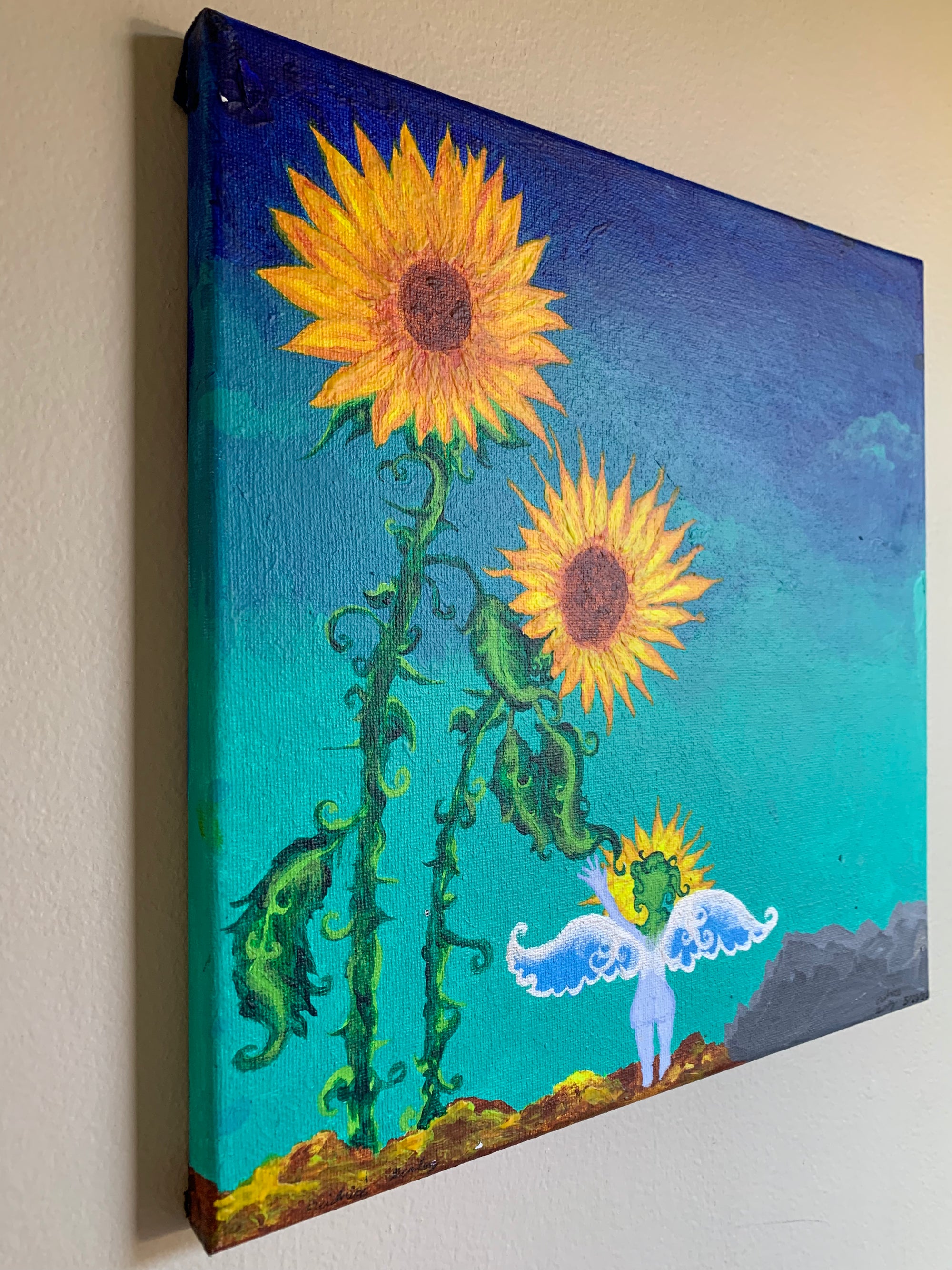 sunflower painting, sunflower parents, sunflower painting for sale, sunflower art, sunflower family, sunflower child, Sunflower family art, whimsical painting, sunflower surrealism painting, otherworldly art, heartfelt nature surrealism, plant lovers, plant family, sunflower family love original painting, mystical art, magical art, fantasy art, fairy art, faerie, ethereal art, enchanting, contemporary art, Identicaleternalsuns