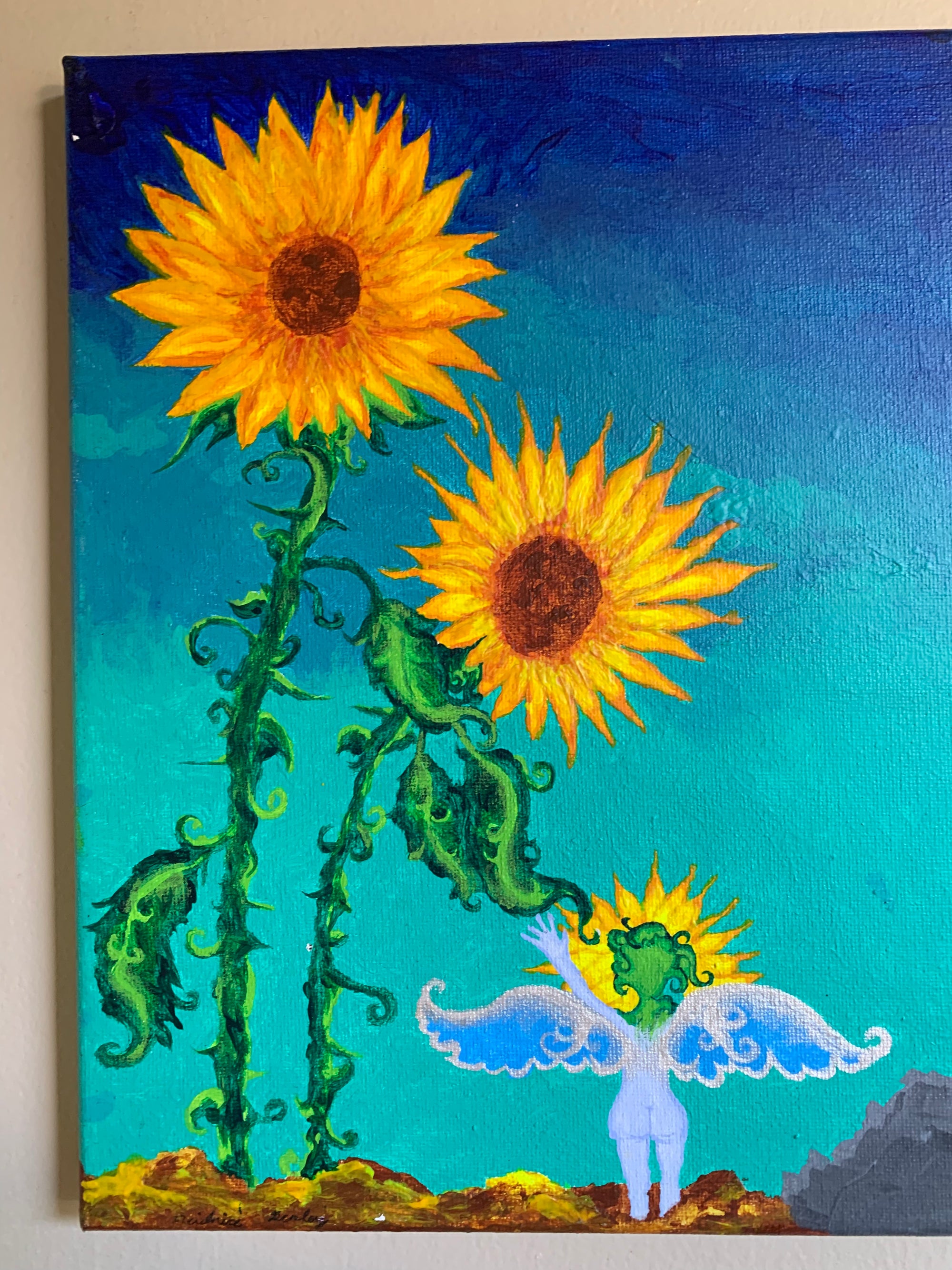 sunflower painting, sunflower parents, sunflower painting for sale, sunflower art, sunflower family, sunflower child, Sunflower family art, whimsical painting, sunflower surrealism painting, otherworldly art, heartfelt nature surrealism, plant lovers, plant family, sunflower family love original painting, mystical art, magical art, fantasy art, fairy art, faerie, ethereal art, enchanting, contemporary art, Identicaleternalsuns