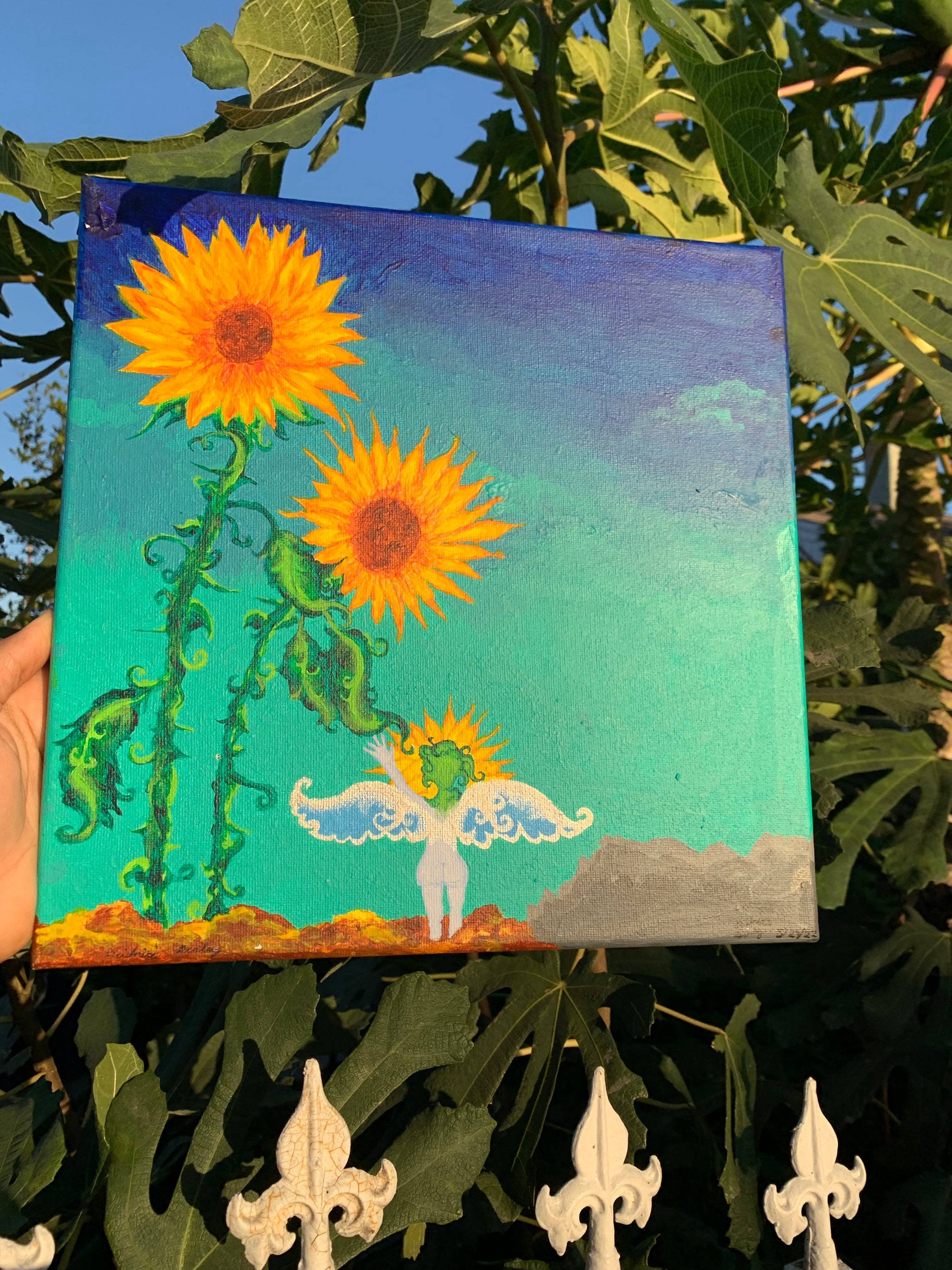 sunflower painting, sunflower parents, sunflower painting for sale, sunflower art, sunflower family, sunflower child, Sunflower family art, whimsical painting, sunflower surrealism painting, otherworldly art, heartfelt nature surrealism, plant lovers, plant family, sunflower family love original painting, mystical art, magical art, fantasy art, fairy art, faerie, ethereal art, enchanting, contemporary art, Identicaleternalsuns