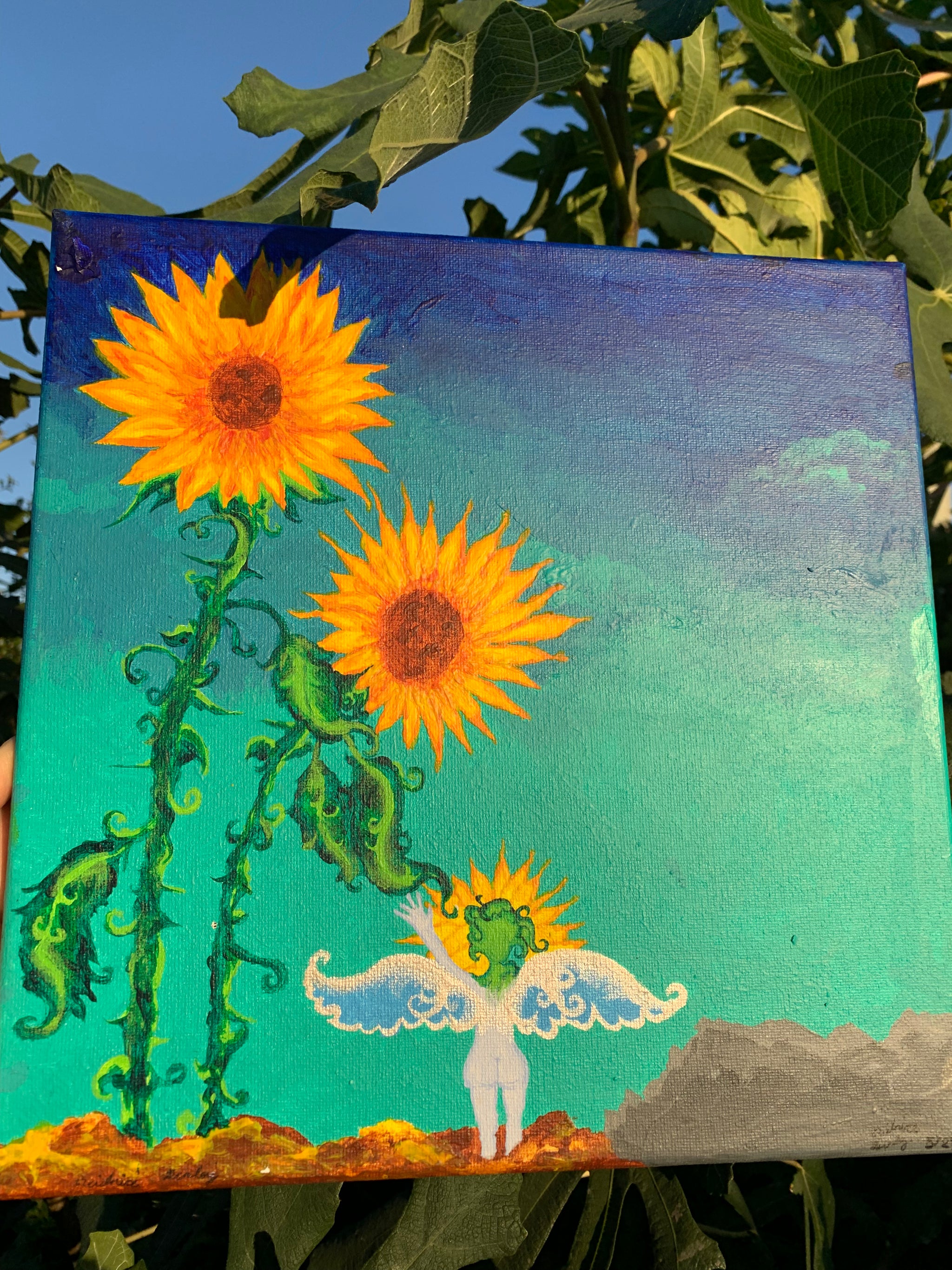 sunflower painting, sunflower parents, sunflower painting for sale, sunflower art, sunflower family, sunflower child, Sunflower family art, whimsical painting, sunflower surrealism painting, otherworldly art, heartfelt nature surrealism, plant lovers, plant family, sunflower family love original painting, mystical art, magical art, fantasy art, fairy art, faerie, ethereal art, enchanting, contemporary art, Identicaleternalsuns