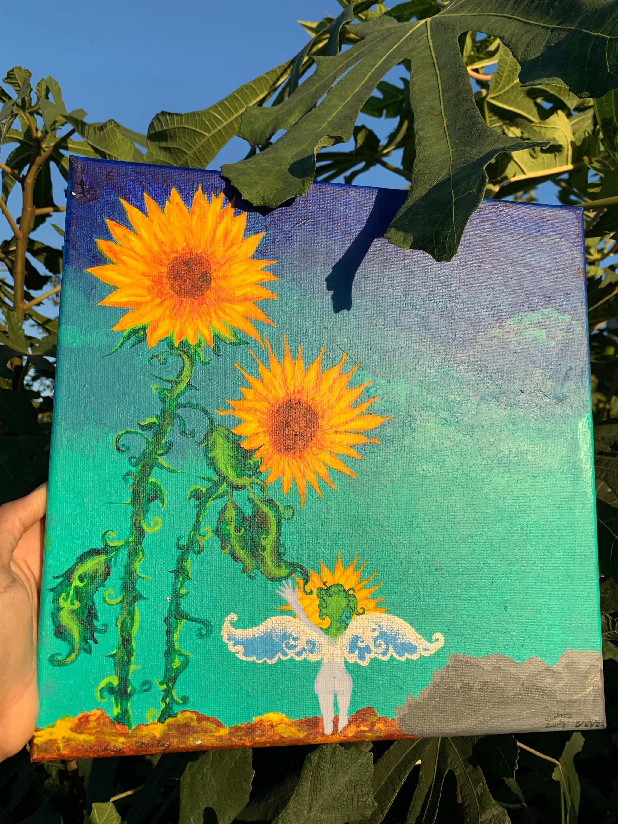 sunflower painting, sunflower parents, sunflower painting for sale, sunflower art, sunflower family, sunflower child, Sunflower family art, whimsical painting, sunflower surrealism painting, otherworldly art, heartfelt nature surrealism, plant lovers, plant family, sunflower family love original painting, mystical art, magical art, fantasy art, fairy art, faerie, ethereal art, enchanting, contemporary art, Identicaleternalsuns