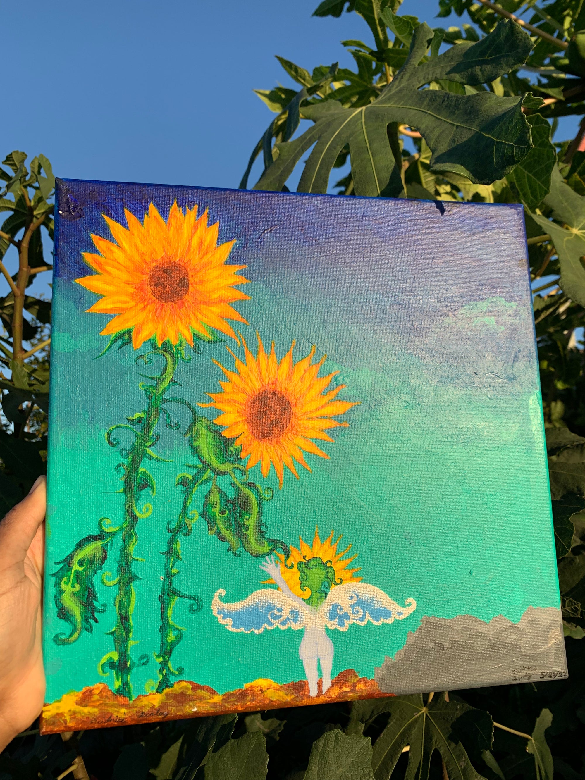 sunflower painting, sunflower parents, sunflower painting for sale, sunflower art, sunflower family, sunflower child, Sunflower family art, whimsical painting, sunflower surrealism painting, otherworldly art, heartfelt nature surrealism, plant lovers, plant family, sunflower family love original painting, mystical art, magical art, fantasy art, fairy art, faerie, ethereal art, enchanting, contemporary art, Identicaleternalsuns