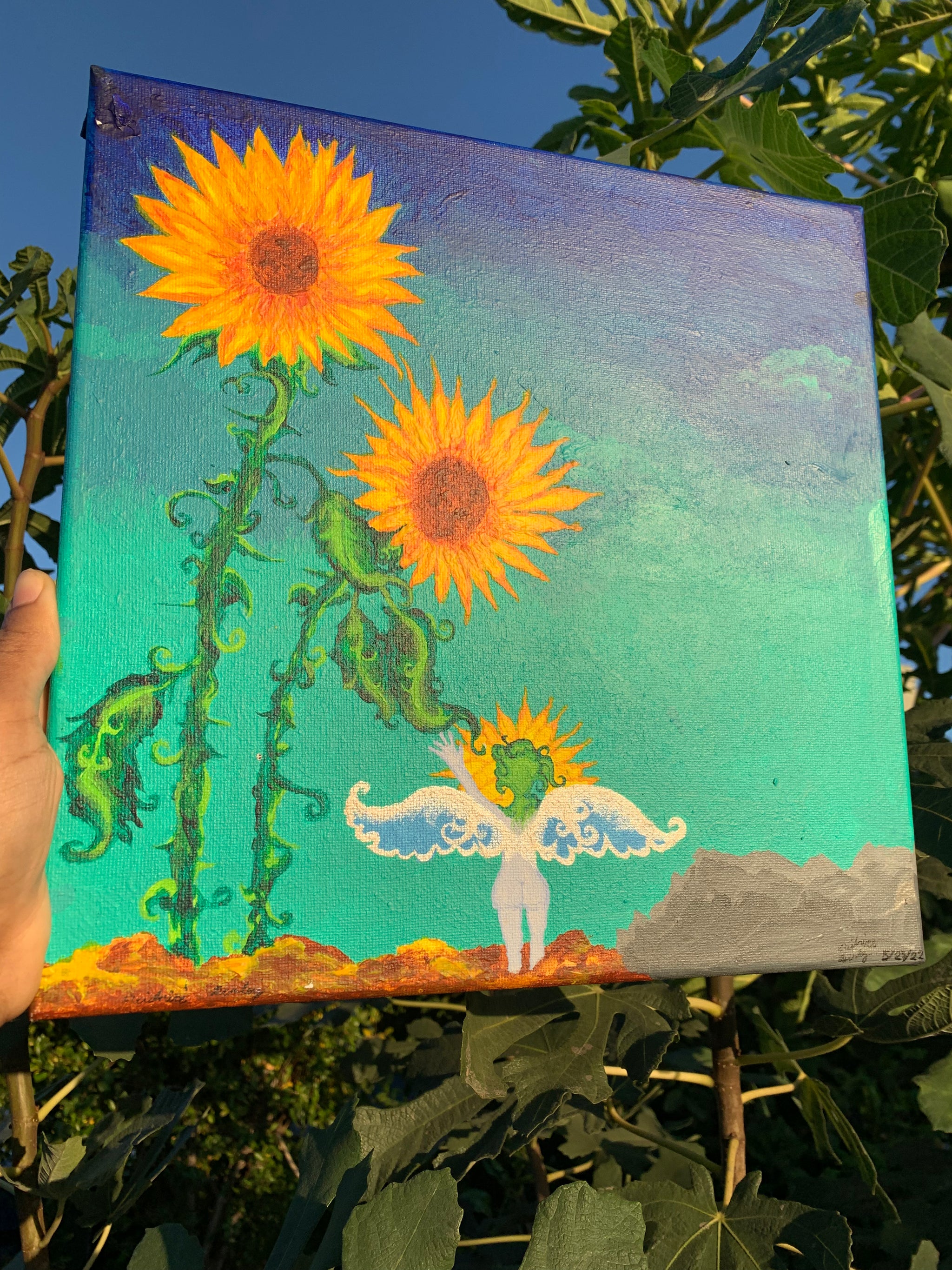 sunflower painting, sunflower parents, sunflower painting for sale, sunflower art, sunflower family, sunflower child, Sunflower family art, whimsical painting, sunflower surrealism painting, otherworldly art, heartfelt nature surrealism, plant lovers, plant family, sunflower family love original painting, mystical art, magical art, fantasy art, fairy art, faerie, ethereal art, enchanting, contemporary art, Identicaleternalsuns
