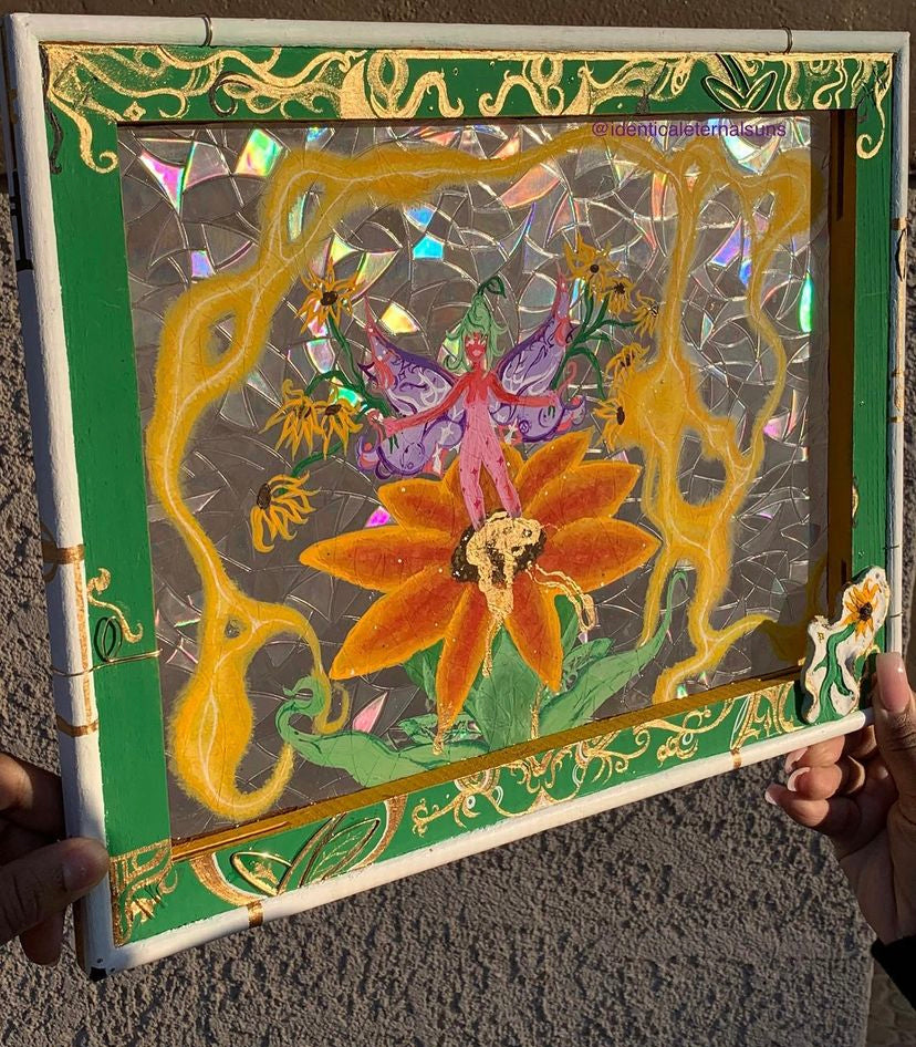 Iridescent Golden Sunflower Goddess Original wall hanging painting