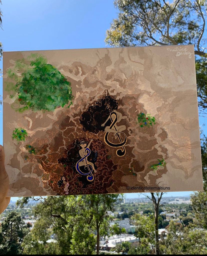 Emerging from a very dark abandoned cave emerges the triple three solar sound femmes that hold the magnetic sound principle of creation coming into the light, Whimsical earthy artwork, Musical notes inspired paintings. Playful music canvas wall art. Musical note art paintings. Treble clef art paintings, The Triple Treble Clef sisters, music room decor, Identicaleternalsuns