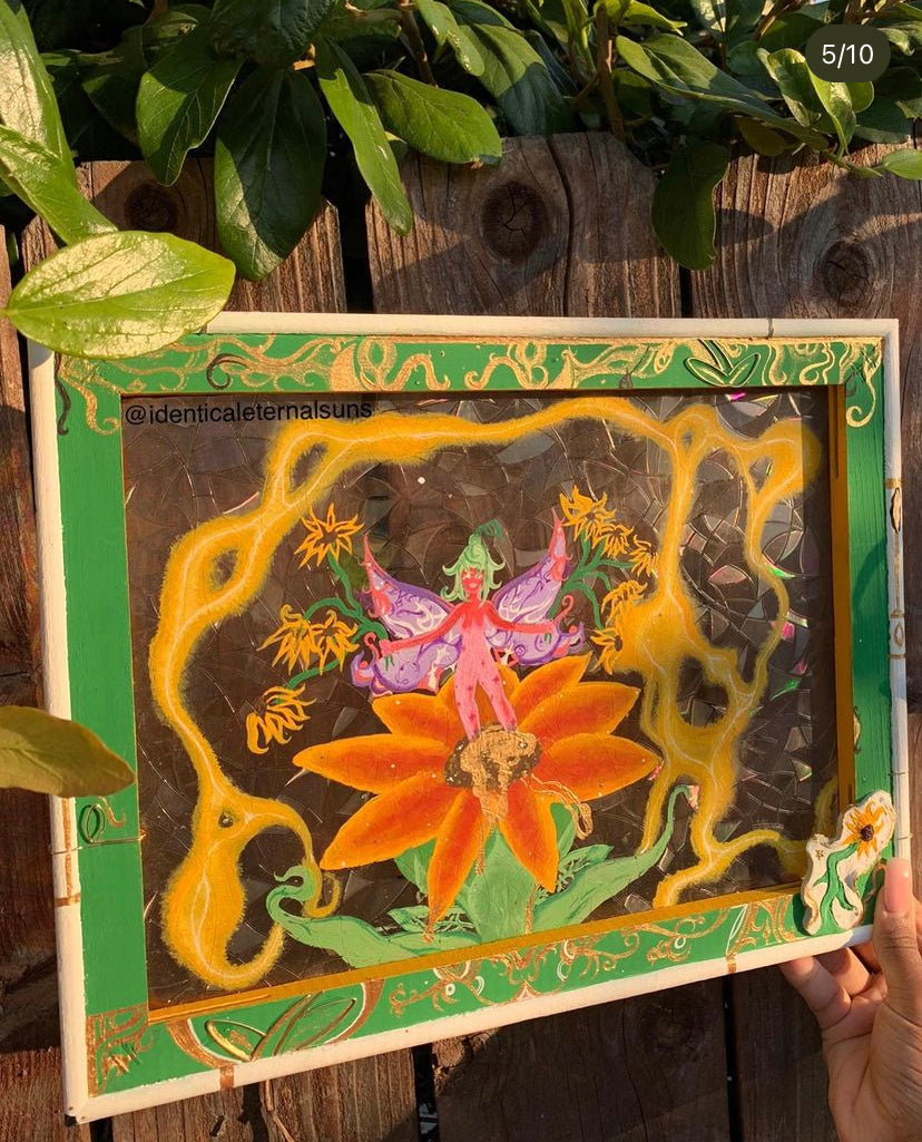 Iridescent Golden Sunflower Goddess Original wall hanging painting