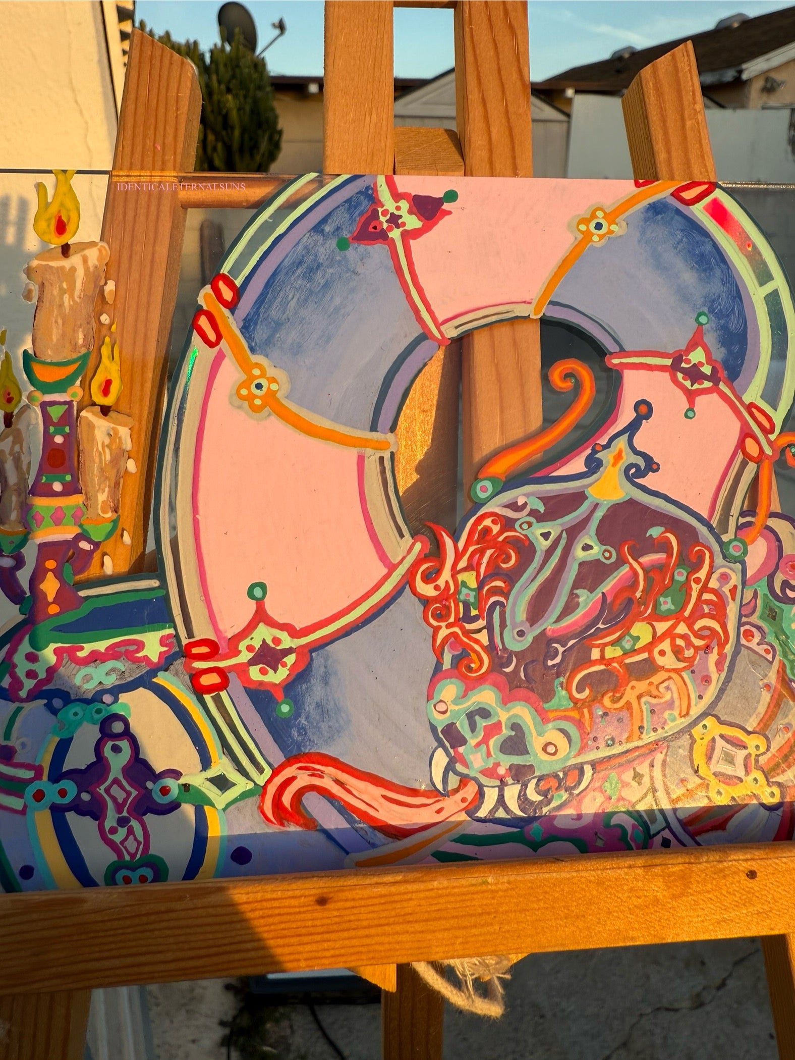 Serpentine, Celestial creature, ancient secrets, cosmic wisdom, rainbow hues, iridescent scales, flaming aura, elemental serpent art, medieval whimsy, mystical illumination, enigmatic presence, Divine order and chaos, Holy fire, guardian of knowledge, fantastical art, surreal paintings, whimsical artwork, colorful surrealism, detailed fantasy art, highly detailed paintings, maximalist art, colorful fine art, imaginative paintings, dreamlike art, narrative art, expressive art, detailed contemporary art