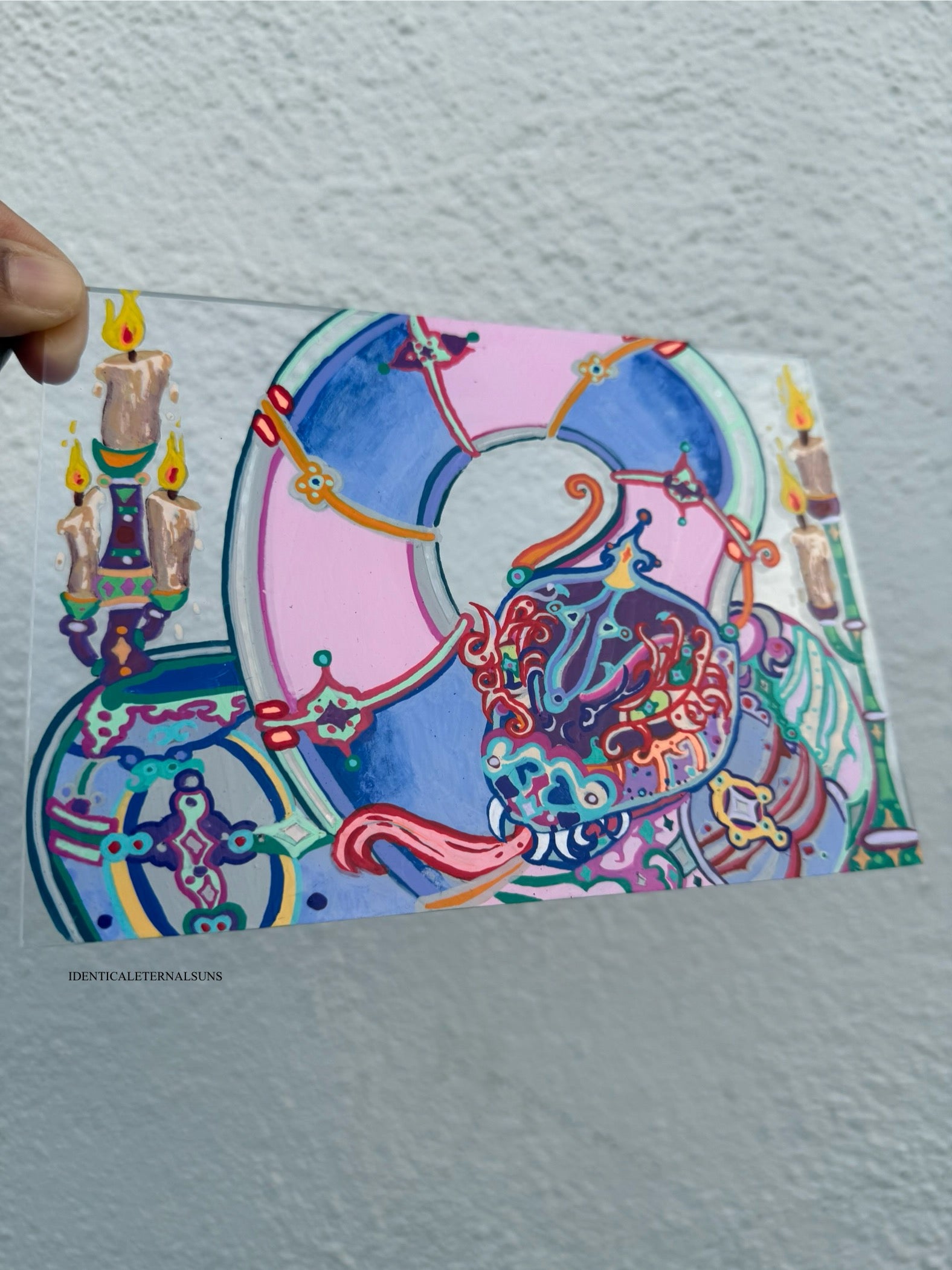 Serpentine, Celestial creature, ancient secrets, cosmic wisdom, rainbow hues, iridescent scales, flaming aura, elemental serpent art, medieval whimsy, mystical illumination, enigmatic presence, Divine order and chaos, Holy fire, guardian of knowledge, fantastical art, surreal paintings, whimsical artwork, colorful surrealism, detailed fantasy art, highly detailed paintings, maximalist art, colorful fine art, imaginative paintings, dreamlike art, narrative art, expressive art, detailed contemporary art