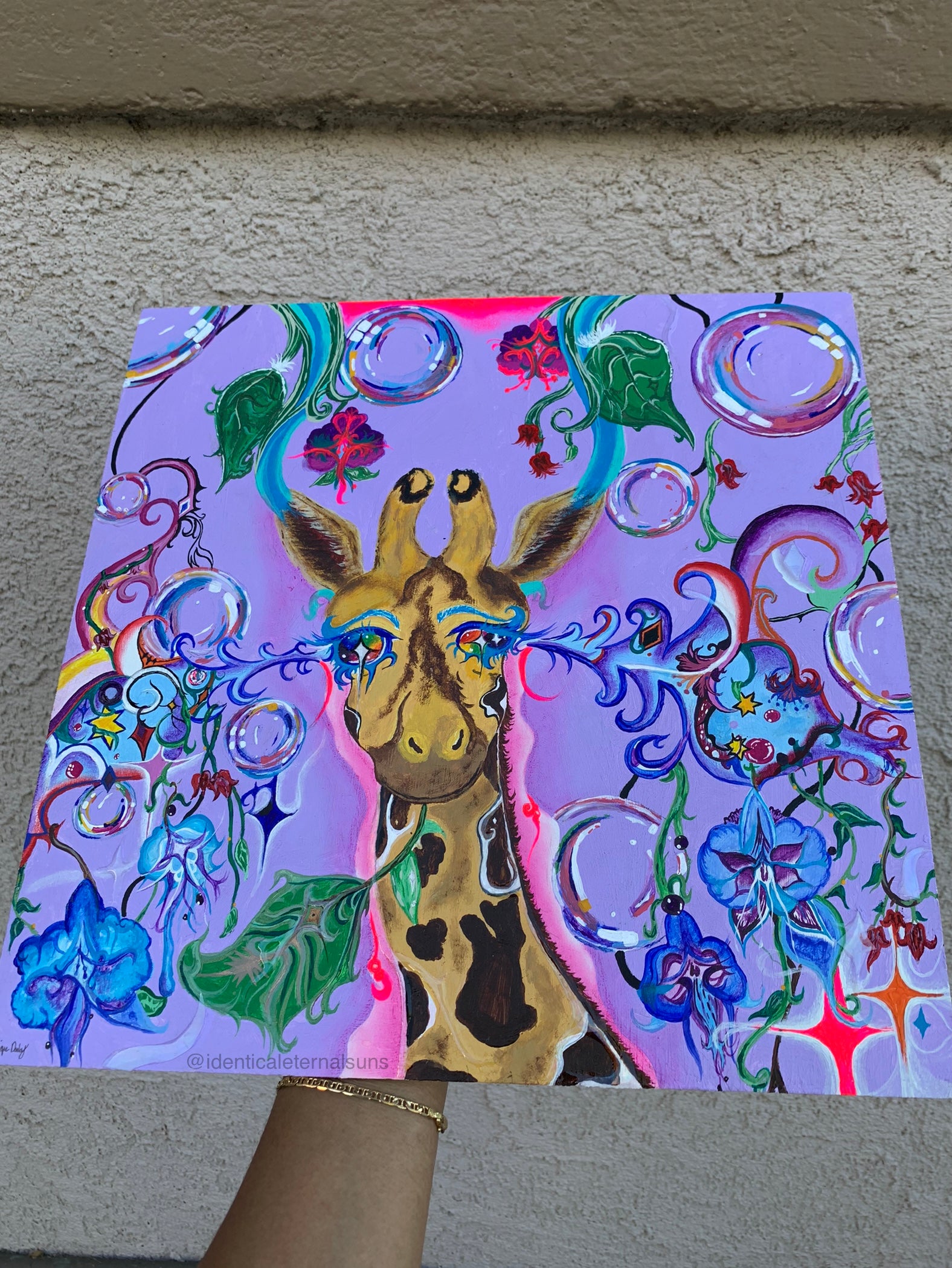 Rainbow trippy giraffe painting. Giraffe wood rainbow painting for sale. Psychedelic giraffe painting on wood. Rainbow baby giraffe wishes you to have a great day. Rainbow giraffe. Inner child artwork. Bubbly art for sale. Baby giraffe painting. Playful animal artwork for sale. Baby giraffe artwork. Colorful giraffe art, Rainbow Baby Giraffe in Euphoria, Rainbow Baby Giraffe in Euphoria Original Painting, animal room decor, giraffe room decor, giraffe wall art, trippy colorful giraffe painting