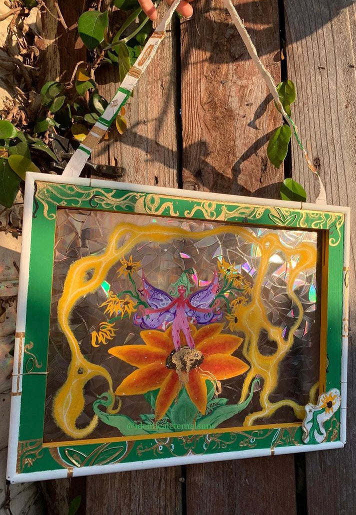 Iridescent Golden Sunflower Goddess Original wall hanging painting