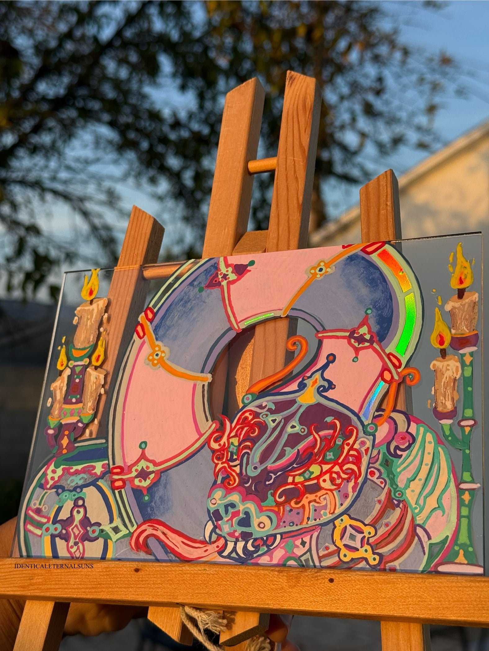 Serpentine, Celestial creature, ancient secrets, cosmic wisdom, rainbow hues, iridescent scales, flaming aura, elemental serpent art, medieval whimsy, mystical illumination, enigmatic presence, Divine order and chaos, Holy fire, guardian of knowledge, fantastical art, surreal paintings, whimsical artwork, colorful surrealism, detailed fantasy art, highly detailed paintings, maximalist art, colorful fine art, imaginative paintings, dreamlike art, narrative art, expressive art, detailed contemporary art