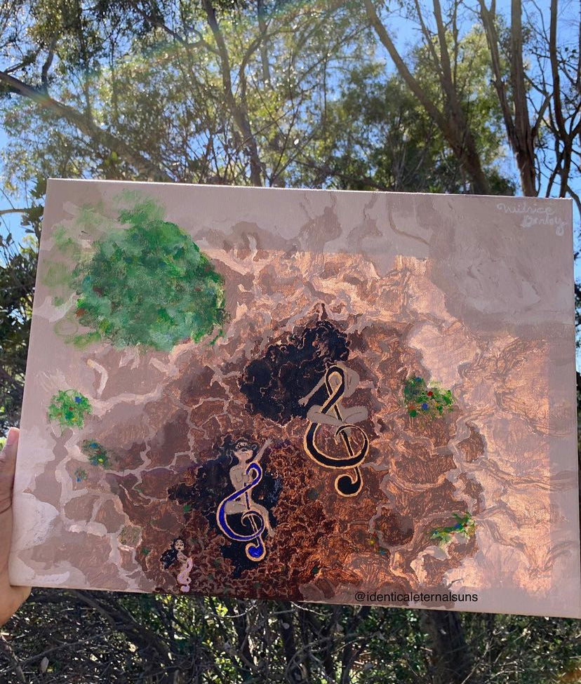 Emerging from a very dark abandoned cave emerges the triple three solar sound femmes that hold the magnetic sound principle of creation coming into the light, Whimsical earthy artwork, Musical notes inspired paintings. Playful music canvas wall art. Musical note art paintings. Treble clef art paintings, The Triple Treble Clef sisters, music room decor, Identicaleternalsuns