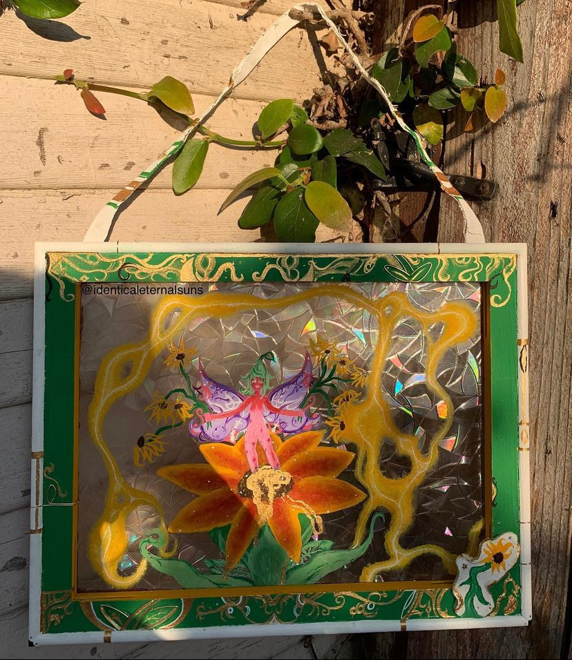 Iridescent Golden Sunflower Goddess Original wall hanging painting