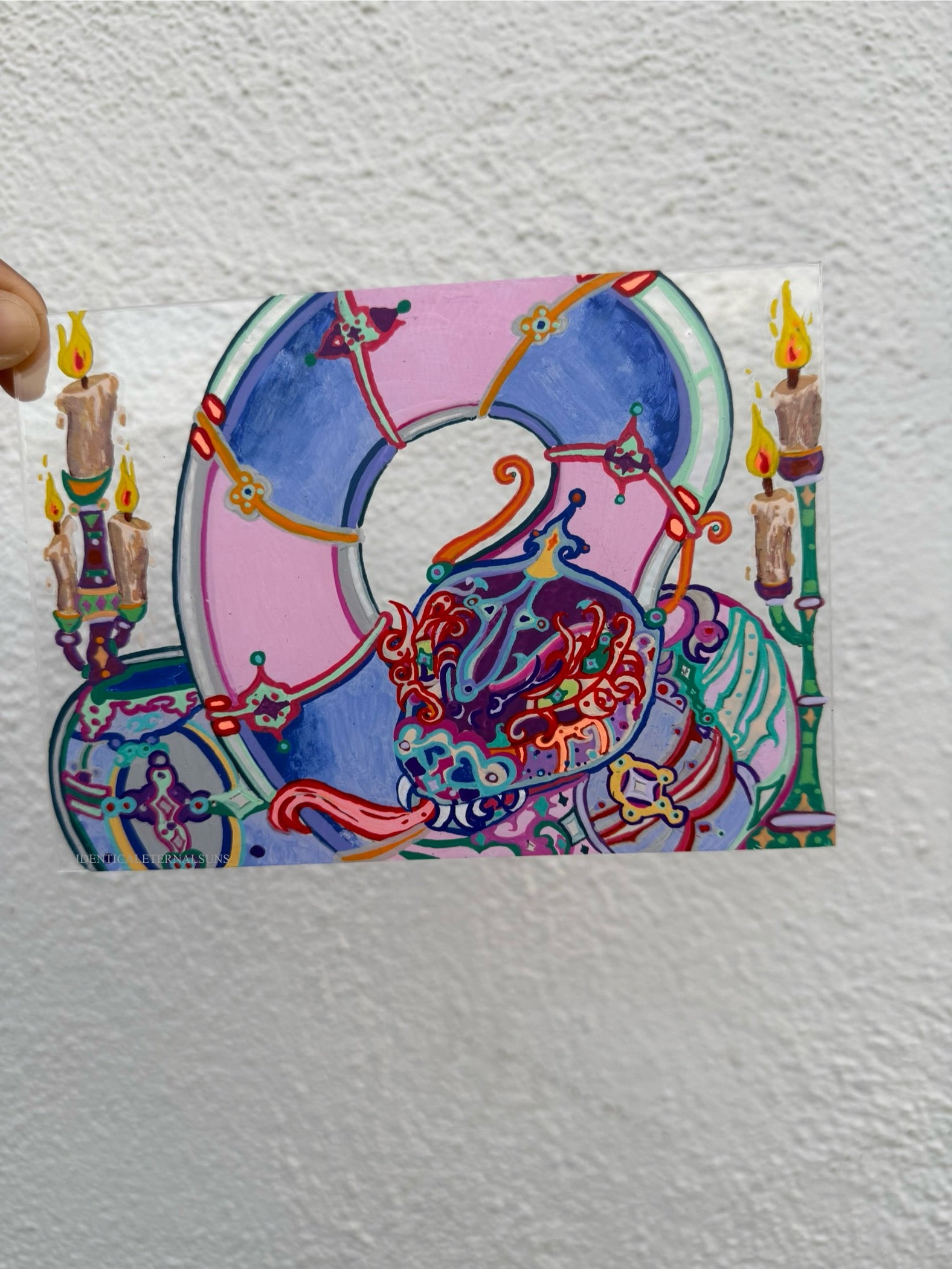 Serpentine, Celestial creature, ancient secrets, cosmic wisdom, rainbow hues, iridescent scales, flaming aura, elemental serpent art, medieval whimsy, mystical illumination, enigmatic presence, Divine order and chaos, Holy fire, guardian of knowledge, fantastical art, surreal paintings, whimsical artwork, colorful surrealism, detailed fantasy art, highly detailed paintings, maximalist art, colorful fine art, imaginative paintings, dreamlike art, narrative art, expressive art, detailed contemporary art