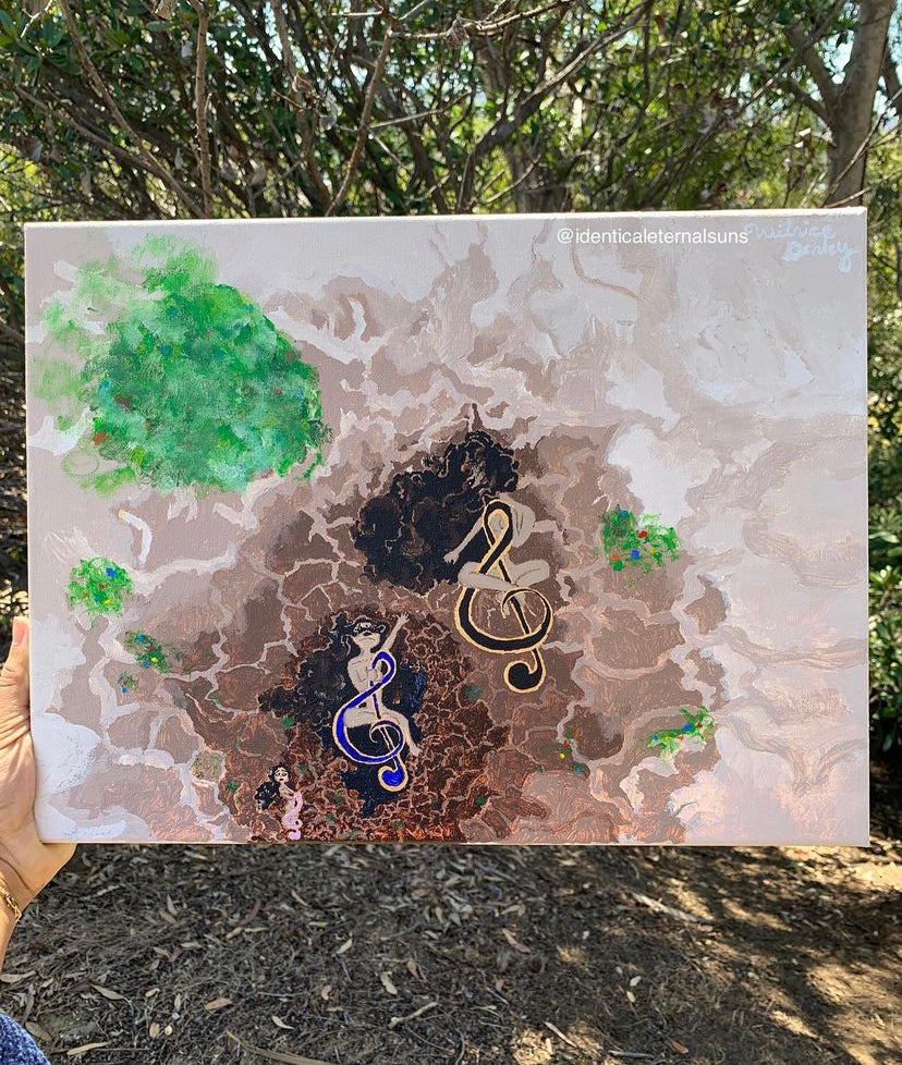 Emerging from a very dark abandoned cave emerges the triple three solar sound femmes that hold the magnetic sound principle of creation coming into the light, Whimsical earthy artwork, Musical notes inspired paintings. Playful music canvas wall art. Musical note art paintings. Treble clef art paintings, The Triple Treble Clef sisters, music room decor, Identicaleternalsuns