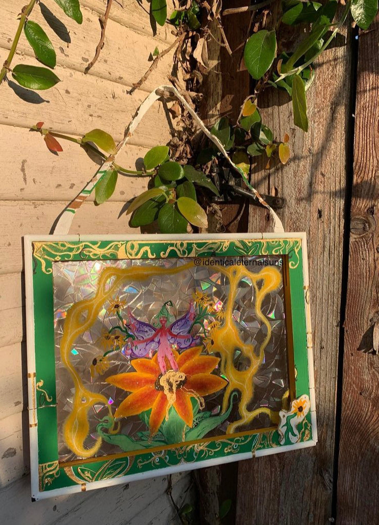 Iridescent Golden Sunflower Goddess Original wall hanging painting