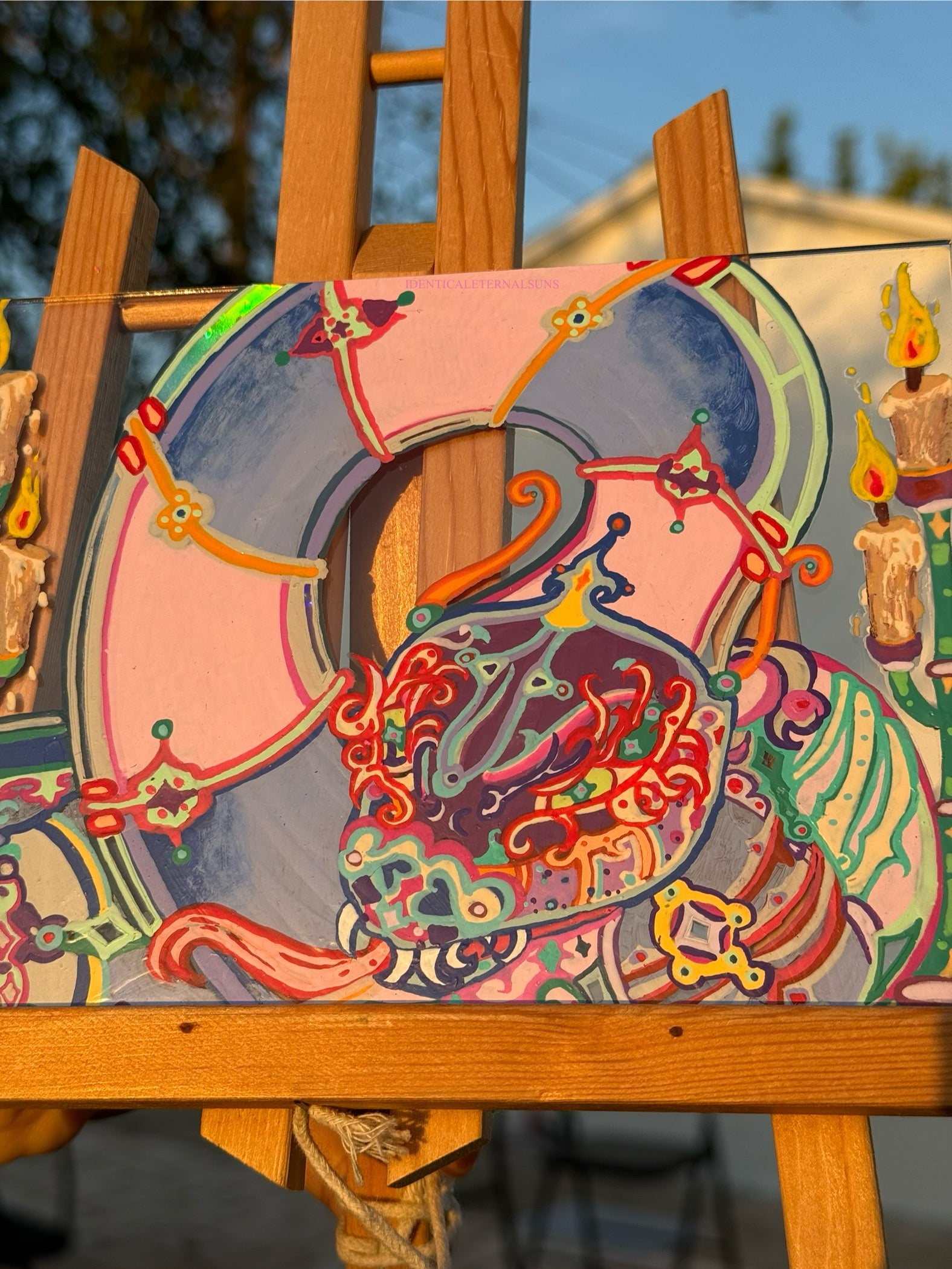 Serpentine, Celestial creature, ancient secrets, cosmic wisdom, rainbow hues, iridescent scales, flaming aura, elemental serpent art, medieval whimsy, mystical illumination, enigmatic presence, Divine order and chaos, Holy fire, guardian of knowledge, fantastical art, surreal paintings, whimsical artwork, colorful surrealism, detailed fantasy art, highly detailed paintings, maximalist art, colorful fine art, imaginative paintings, dreamlike art, narrative art, expressive art, detailed contemporary art