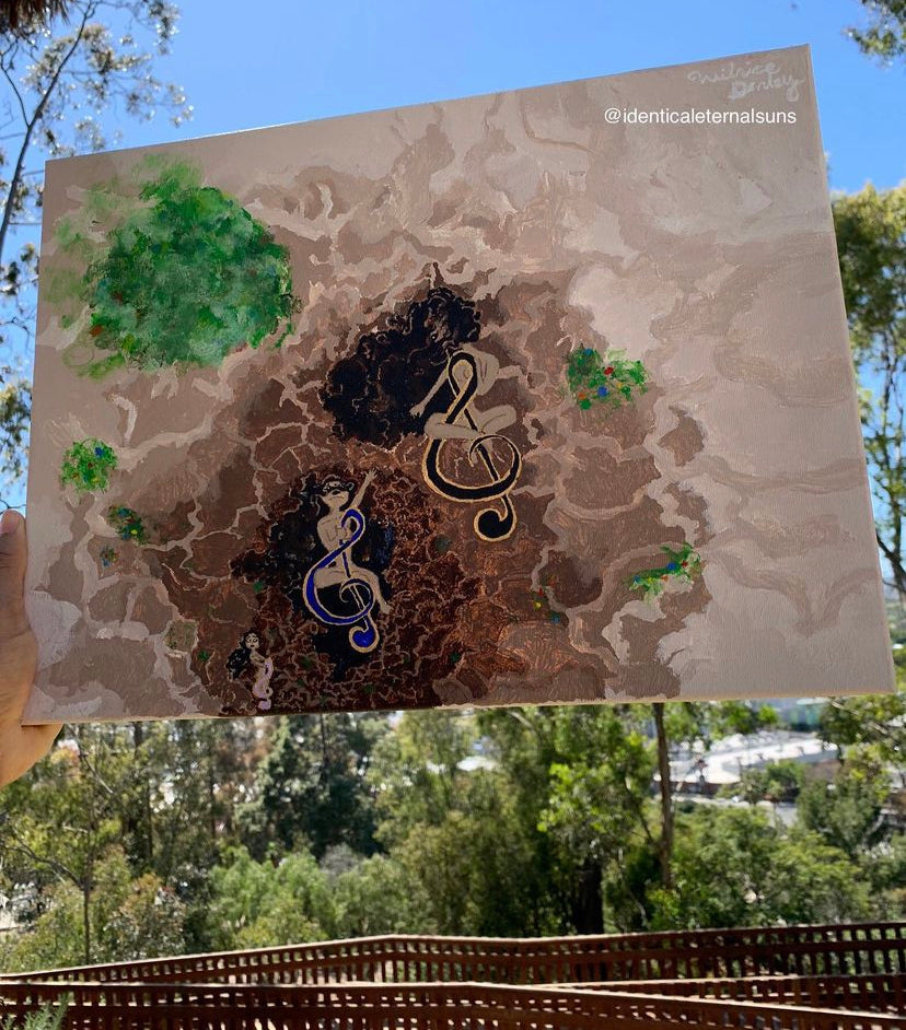 Emerging from a very dark abandoned cave emerges the triple three solar sound femmes that hold the magnetic sound principle of creation coming into the light, Whimsical earthy artwork, Musical notes inspired paintings. Playful music canvas wall art. Musical note art paintings. Treble clef art paintings, The Triple Treble Clef sisters, music room decor, Identicaleternalsuns