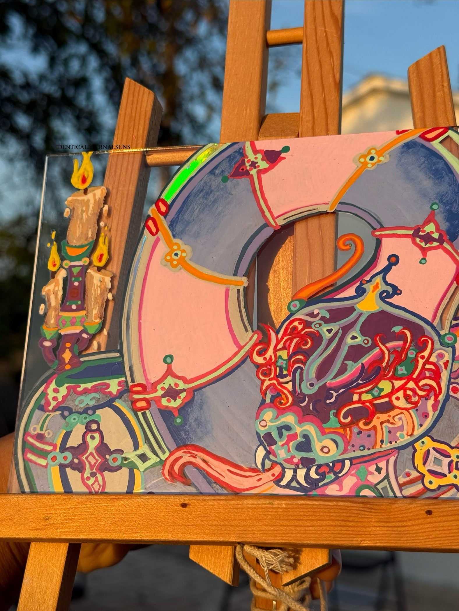 Serpentine, Celestial creature, ancient secrets, cosmic wisdom, rainbow hues, iridescent scales, flaming aura, elemental serpent art, medieval whimsy, mystical illumination, enigmatic presence, Divine order and chaos, Holy fire, guardian of knowledge, fantastical art, surreal paintings, whimsical artwork, colorful surrealism, detailed fantasy art, highly detailed paintings, maximalist art, colorful fine art, imaginative paintings, dreamlike art, narrative art, expressive art, detailed contemporary art